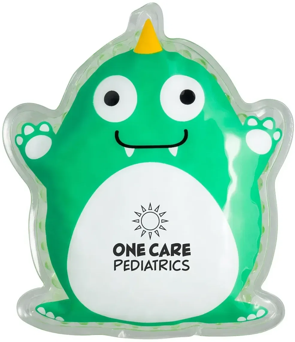 Custom monster-design hot and cold pack, branded therapy giveaway front view