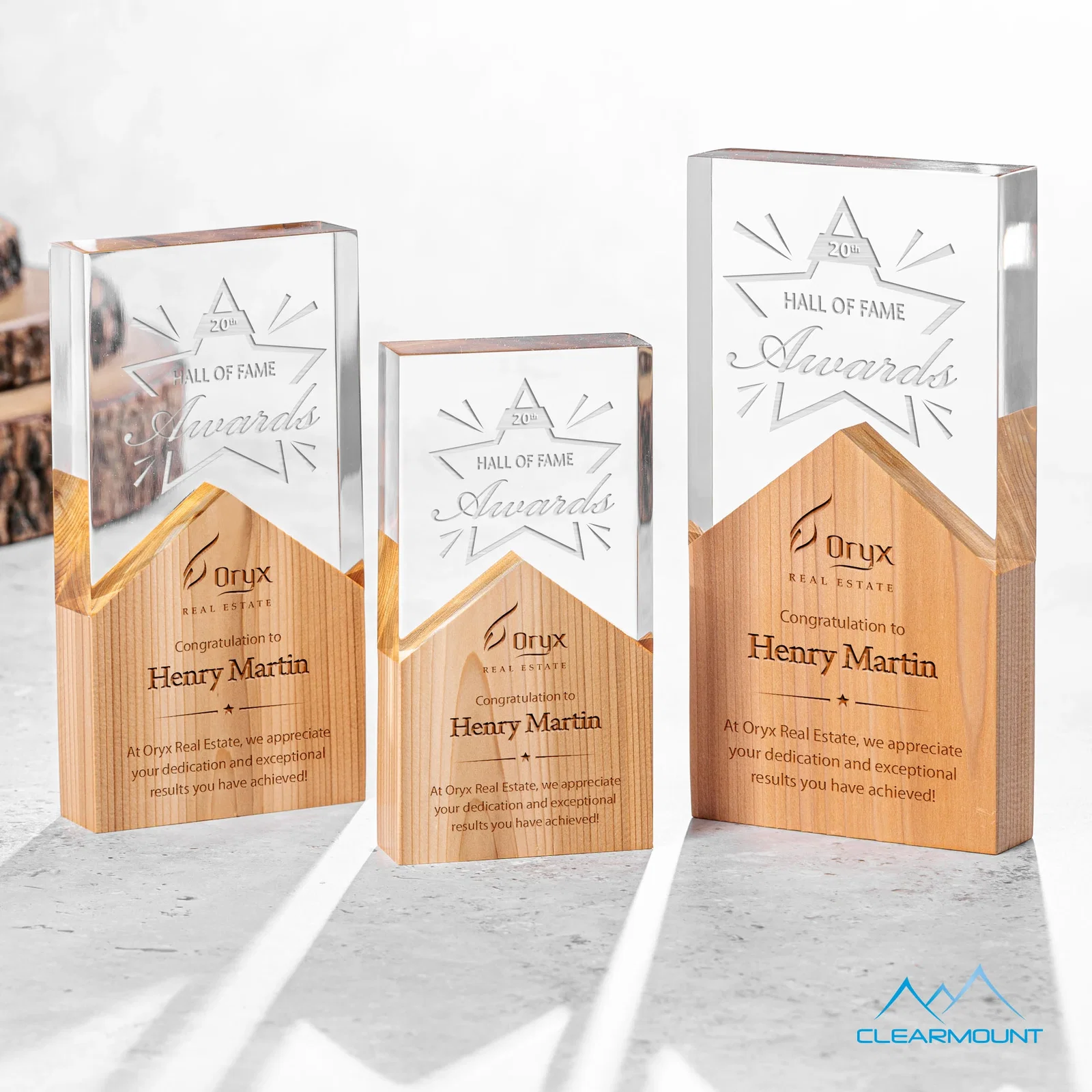 Custom Lucite and Wood Peak Award with Dual Decoration for employee recognition