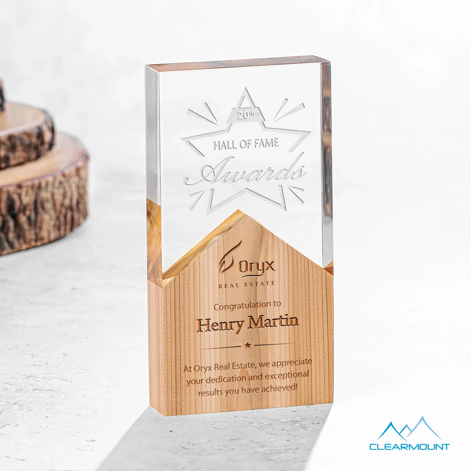 Custom Lucite and Wood Peak Award with Dual Decoration for service anniversary gifts