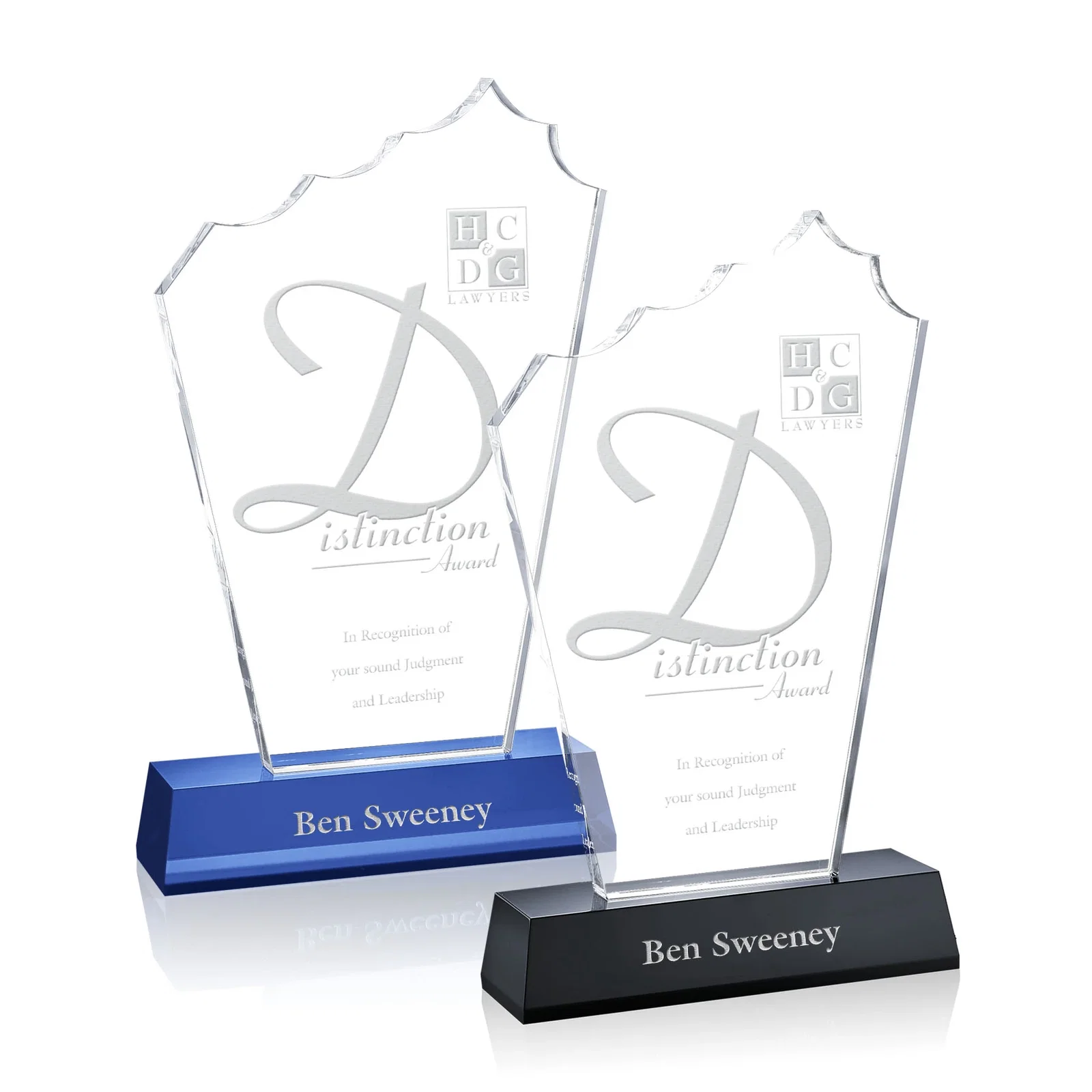 Custom Sculpted Optical Crystal Peak Award on a Matching Blue Base, awards for employee recognition