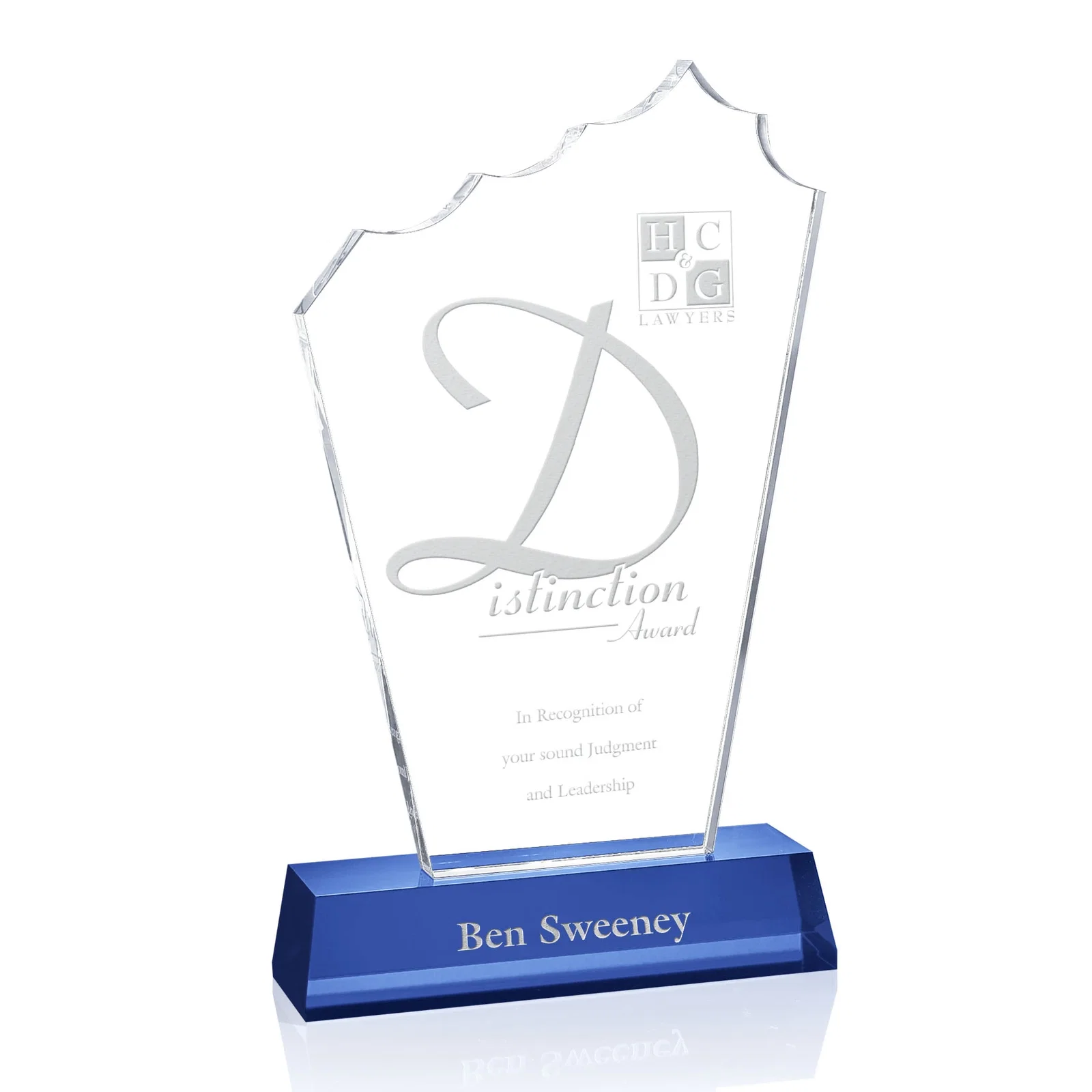 Custom Sculpted Optical Crystal Peak Award on a Matching Blue Base, awards for service anniversary gifts