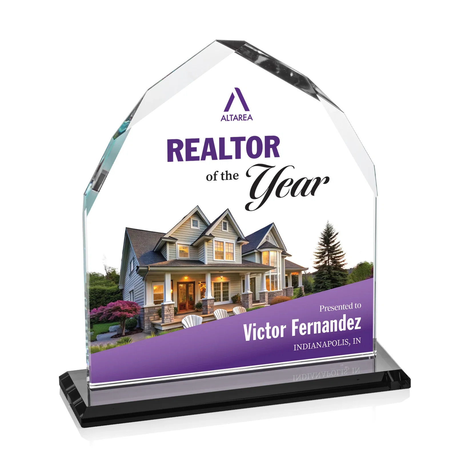 Custom printed Starfire Crystal Upright Award with Bevels on Front and Back, awards for dealer and partner awards