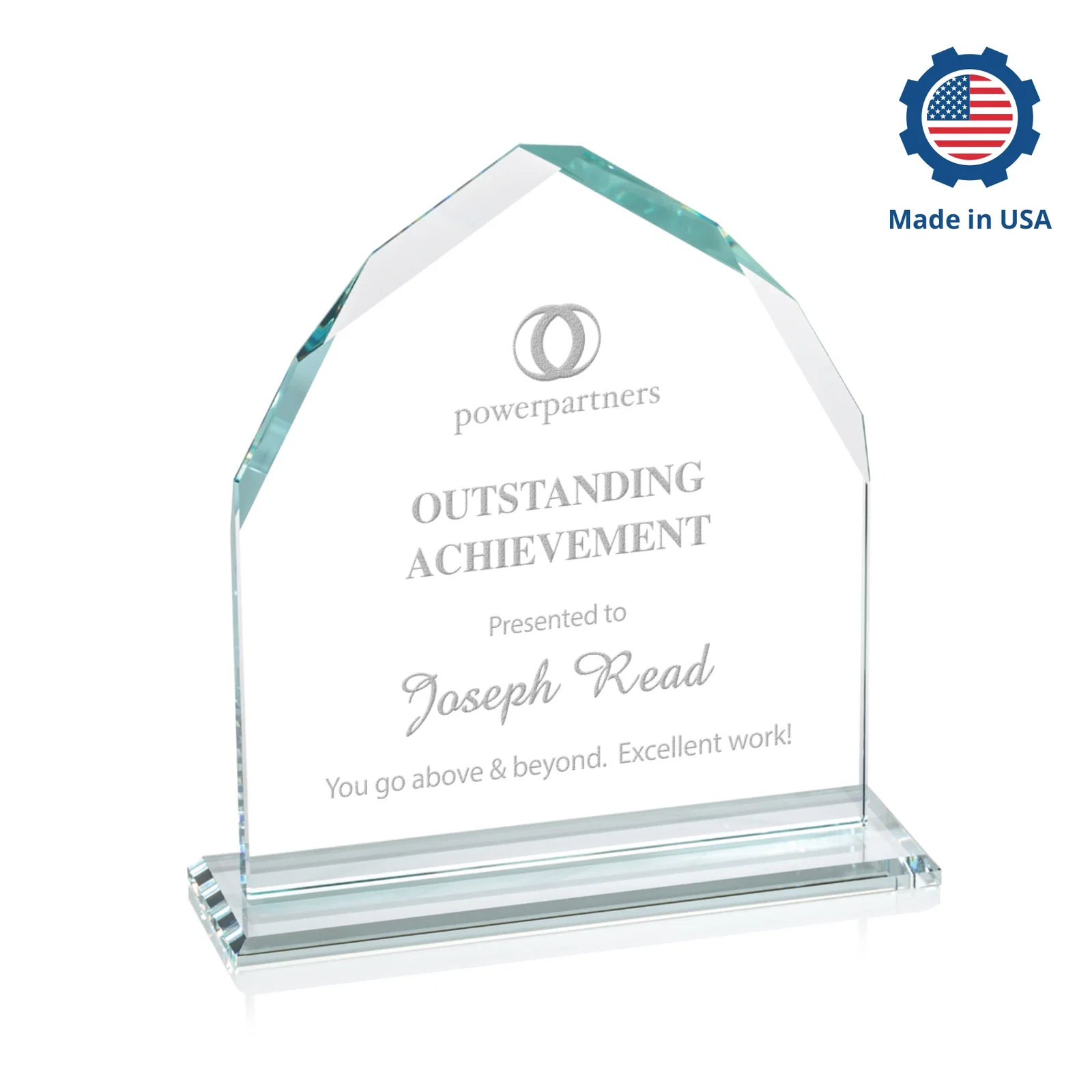 Custom engraved Starfire Crystal Upright Award with Bevels on Front and Back, awards for volunteer appreciation
