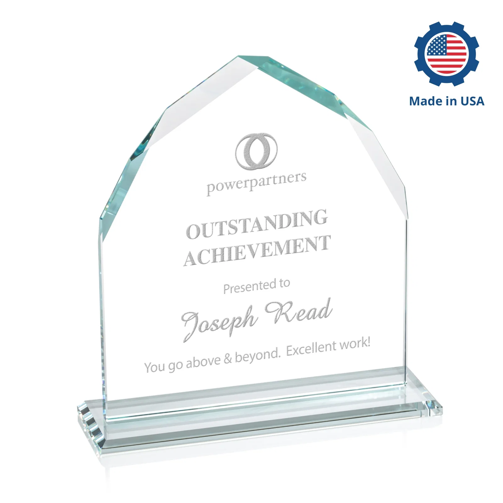 Custom engraved Starfire Crystal Upright Award with Bevels on Front and Back, awards for dealer and partner awards
