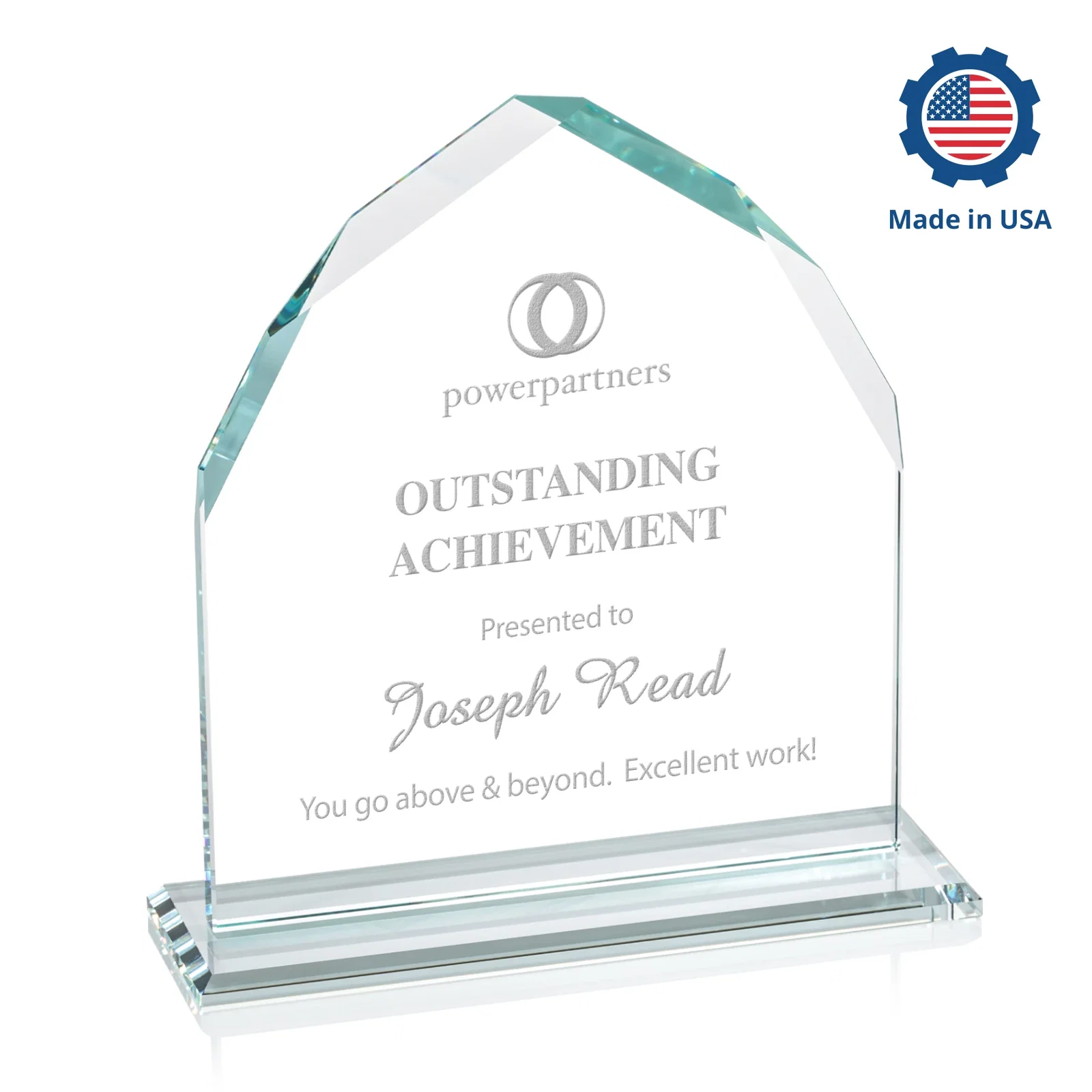 Custom engraved Starfire Crystal Upright Award with Bevels on Front and Back, awards for company anniversary events
