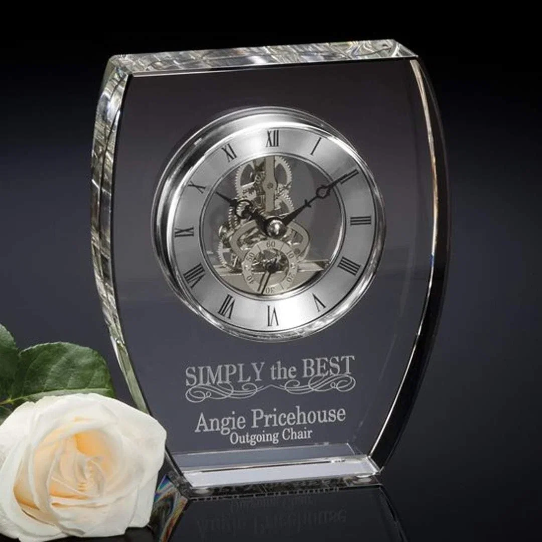 Custom Optical Crystal Desk Clock With Silver Skeleton Movement for employee recognition