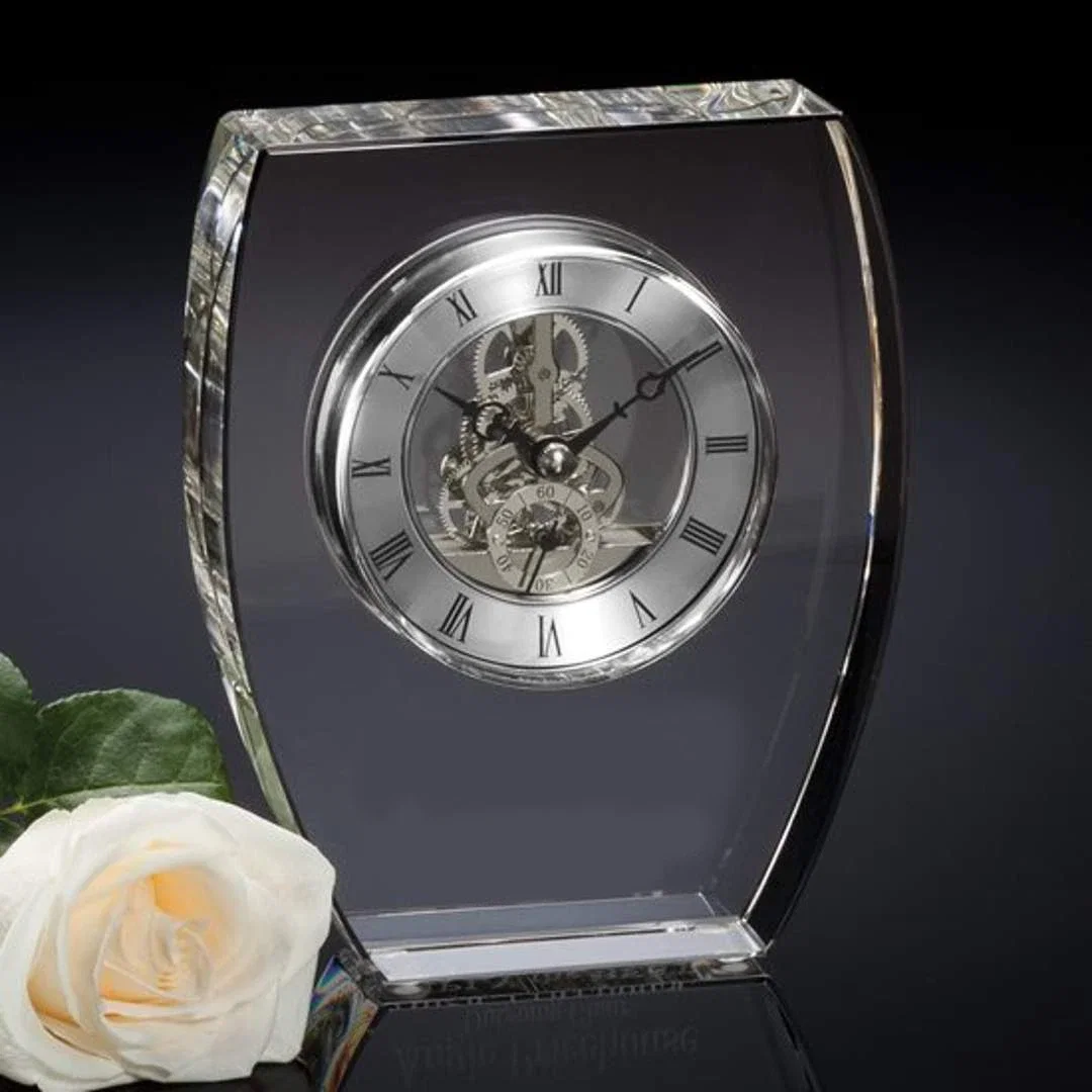 Custom Optical Crystal Desk Clock With Silver Skeleton Movement for corporate award ceremonies