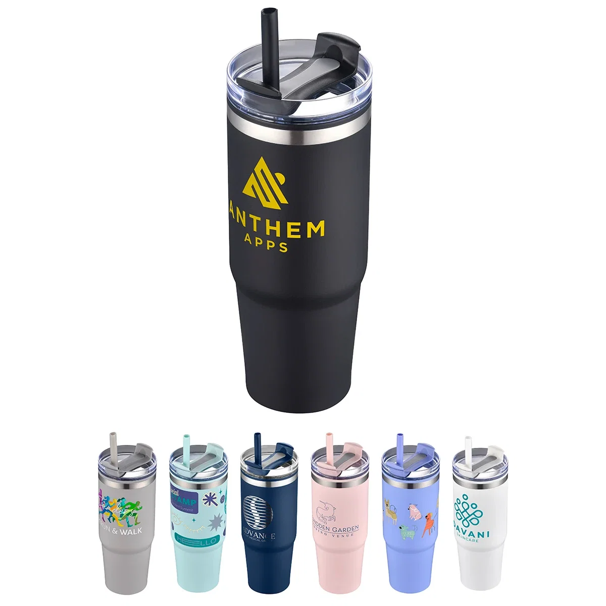 Custom Monza 30 oz stainless steel tumbler, front view of the branded tumbler