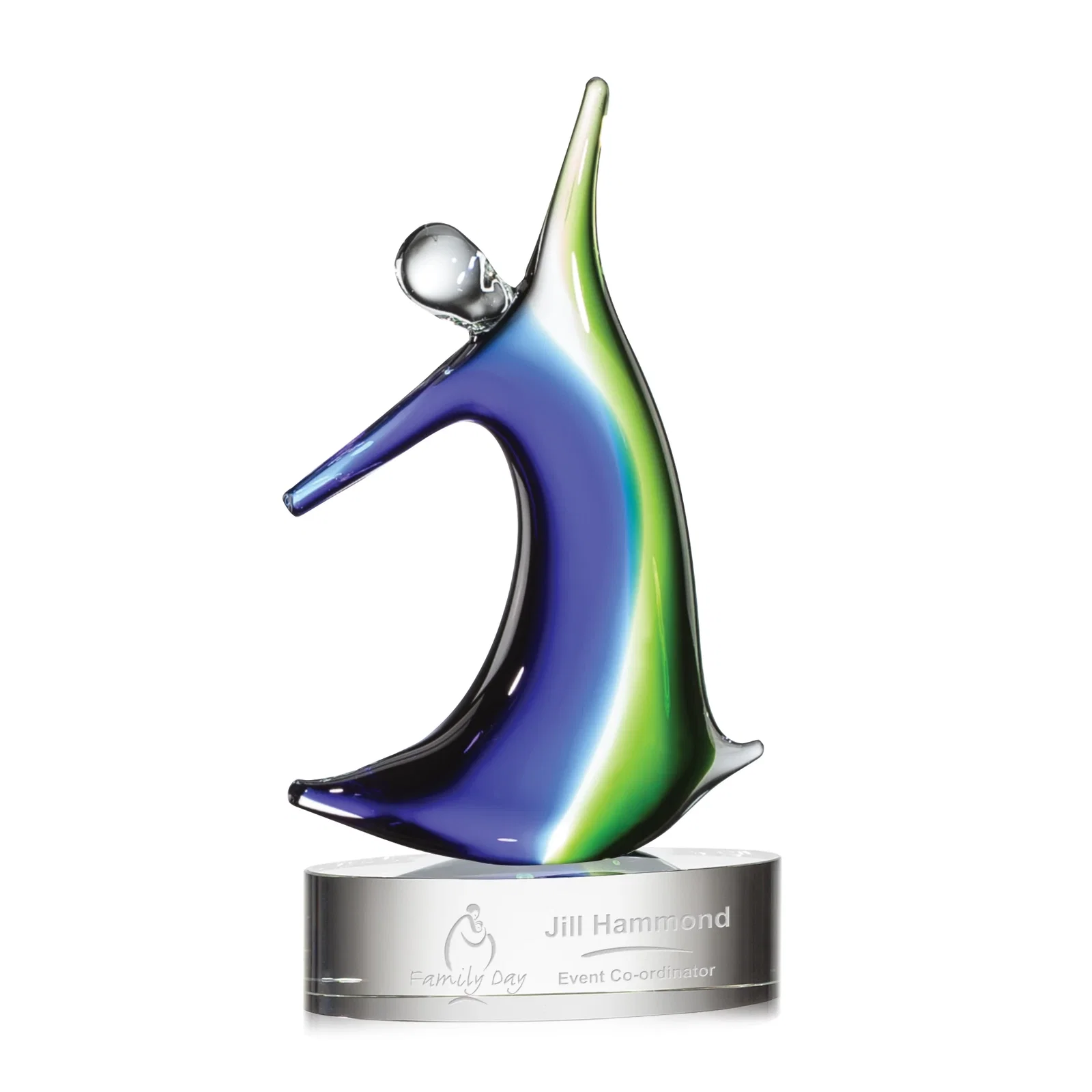 Custom Glass Figure Award With a Single-Line Etch Strip for employee recognition