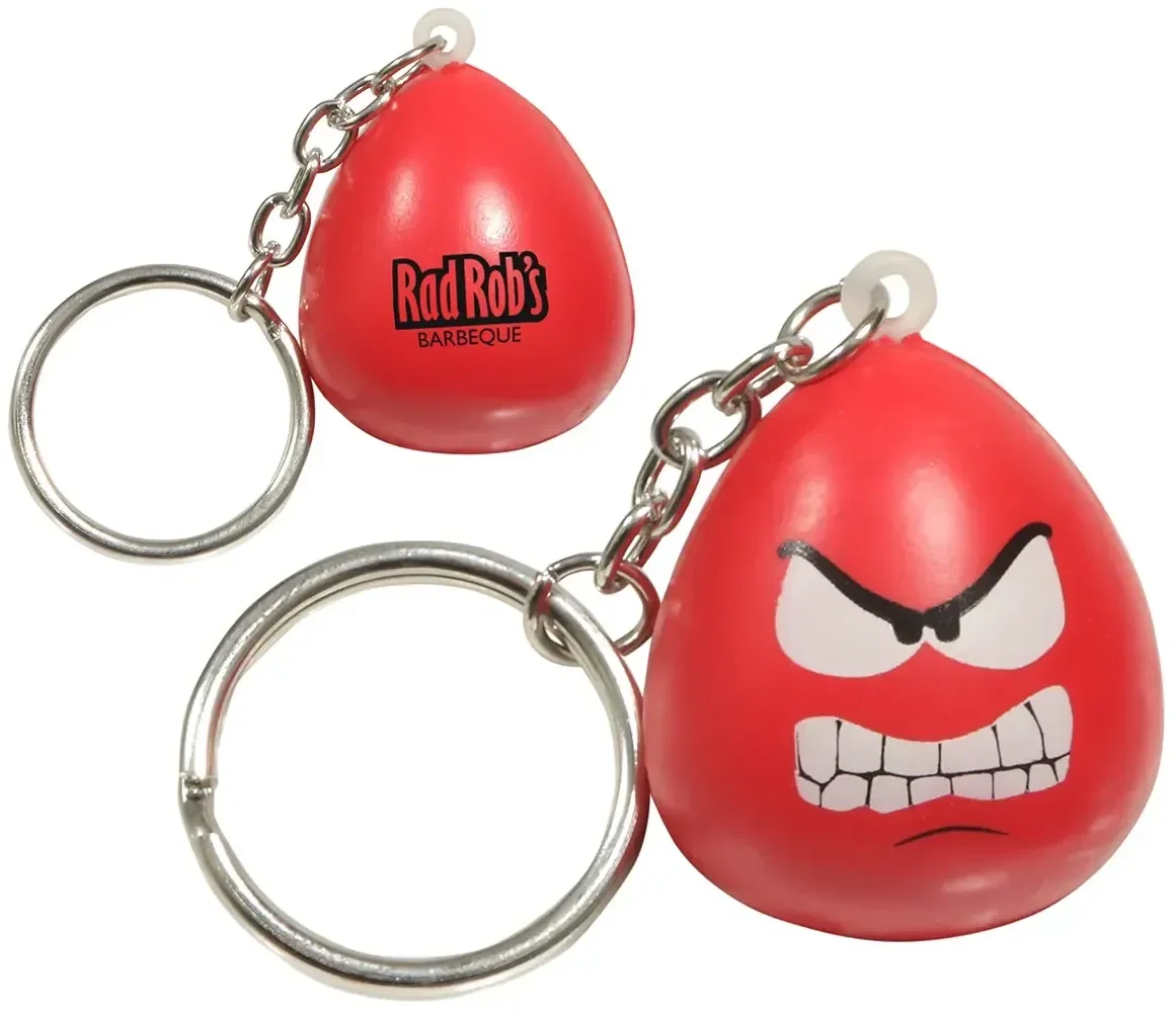 Mood Maniac Angry Stress Reliever Keychain, a branded scowling-face squeeze toy keyring for custom logo events