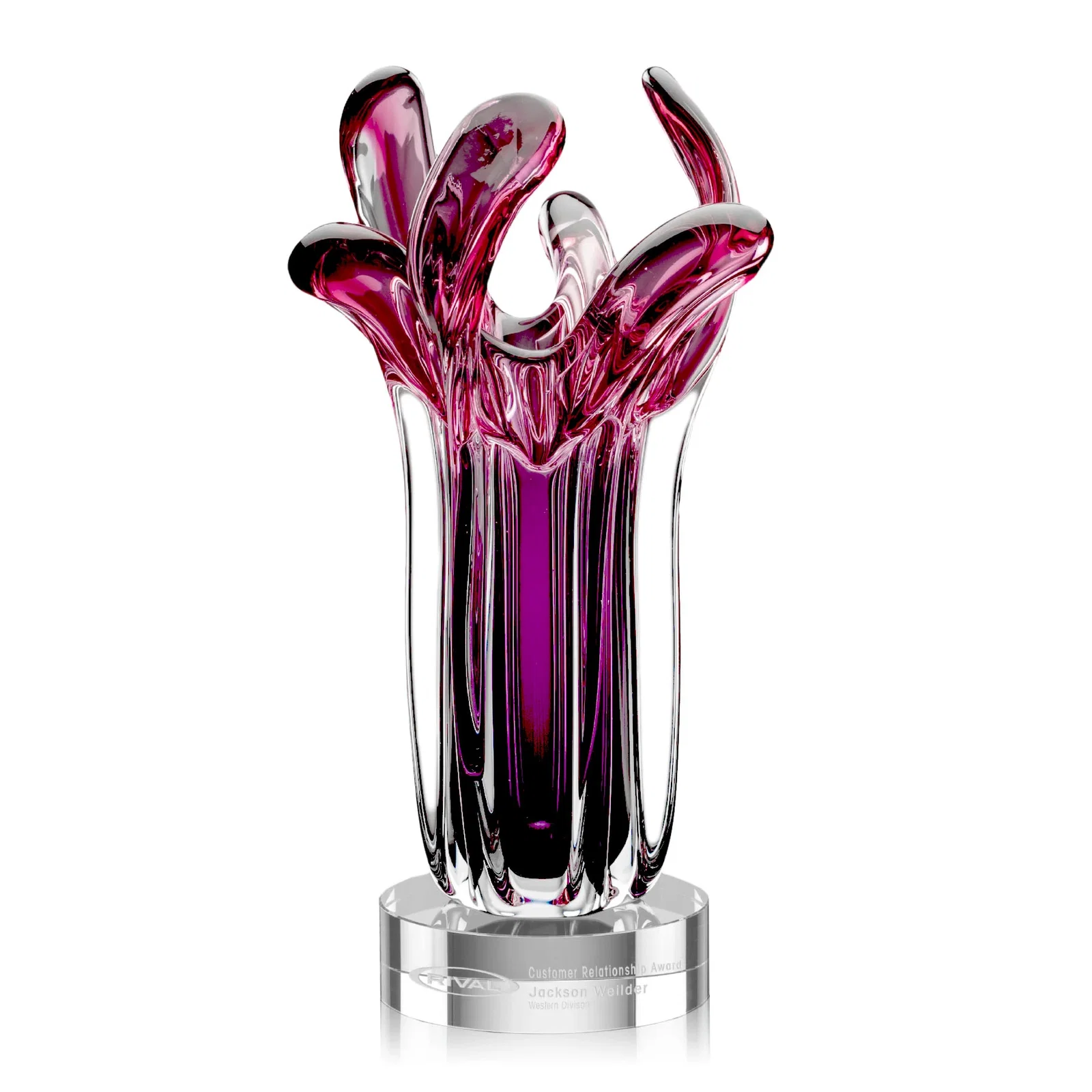 Custom Free Form Art Glass Award on Separate Round Optical Base for employee recognition