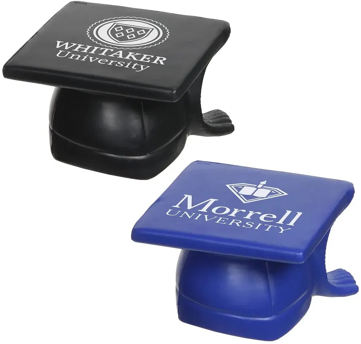 Graduation cap custom stress reliever front view, branded promotional squeeze toy for logo giveaways