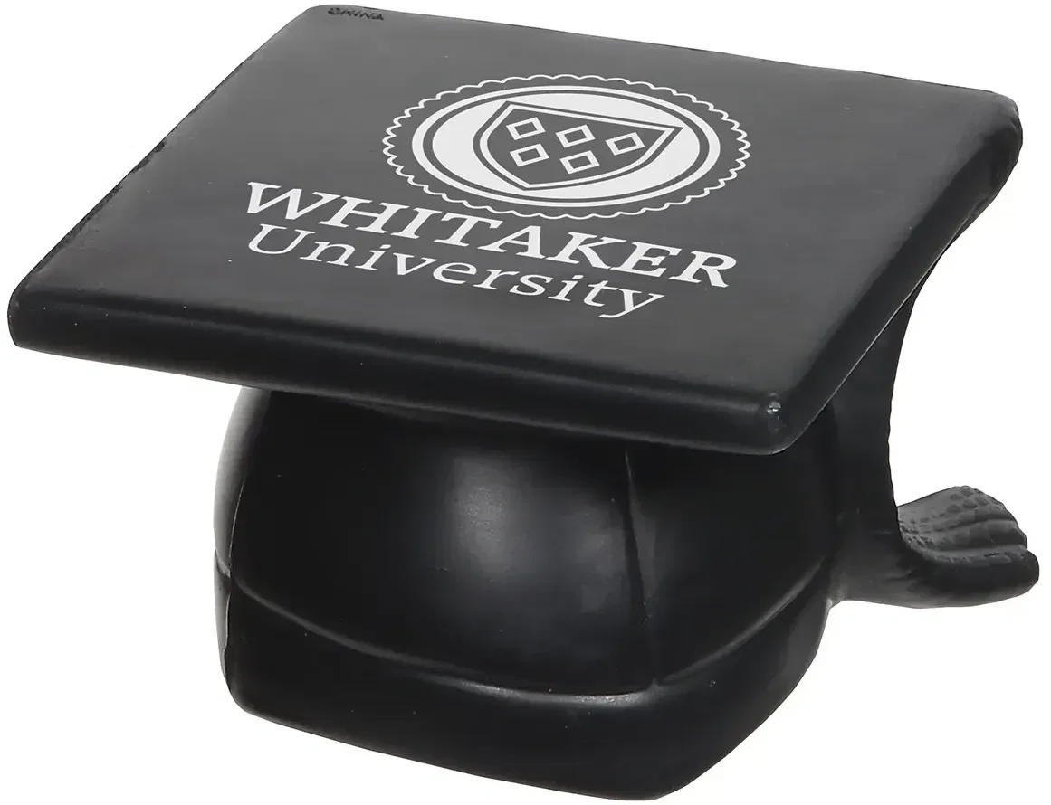 Side profile of the mortarboard hat custom stress ball showing branded imprint area