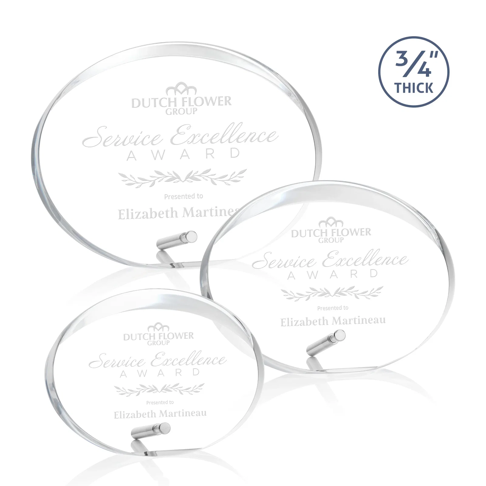 Custom Oval Acrylic Award with Beveled Top Half and Metal Pin for employee recognition