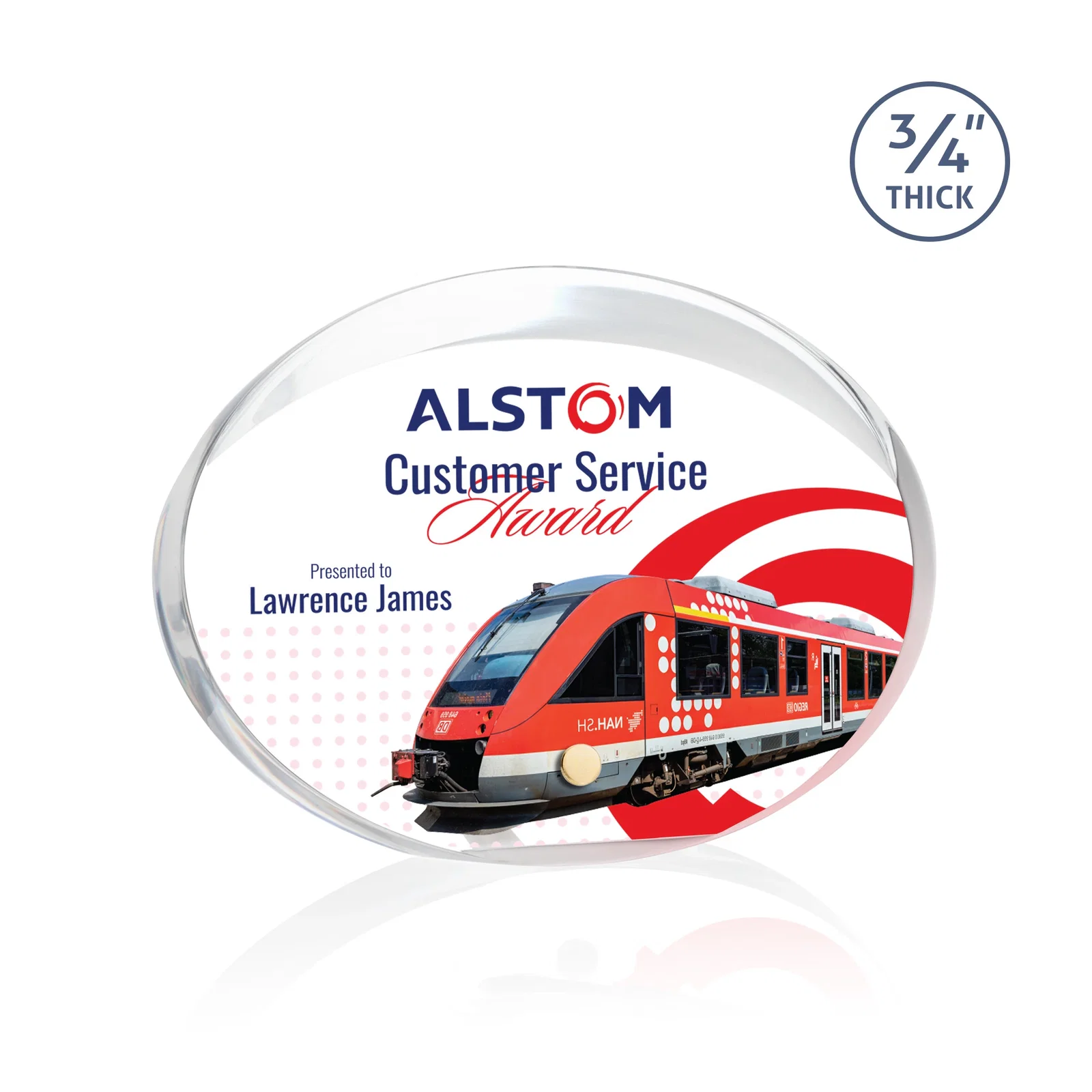 Custom Oval Acrylic Award with Beveled Top Half and Metal Pin for volunteer appreciation
