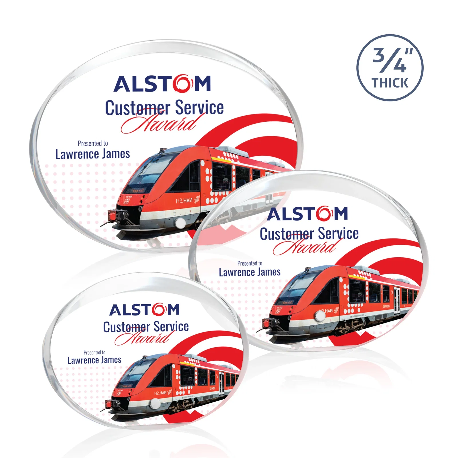Personalized Oval Acrylic Award with Beveled Top Half and Metal Pin for employee recognition