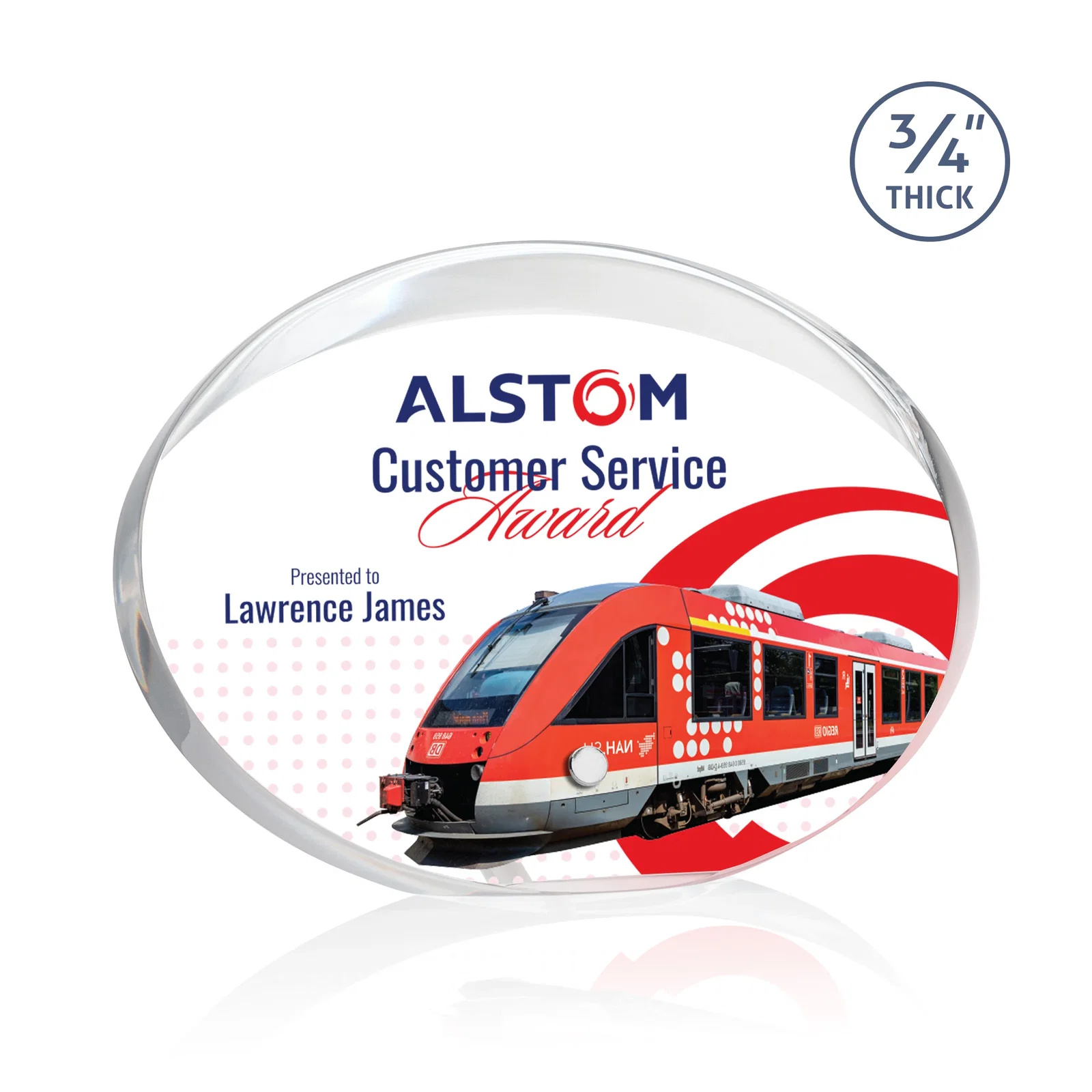 Personalized Oval Acrylic Award with Beveled Top Half and Metal Pin for service anniversary gifts