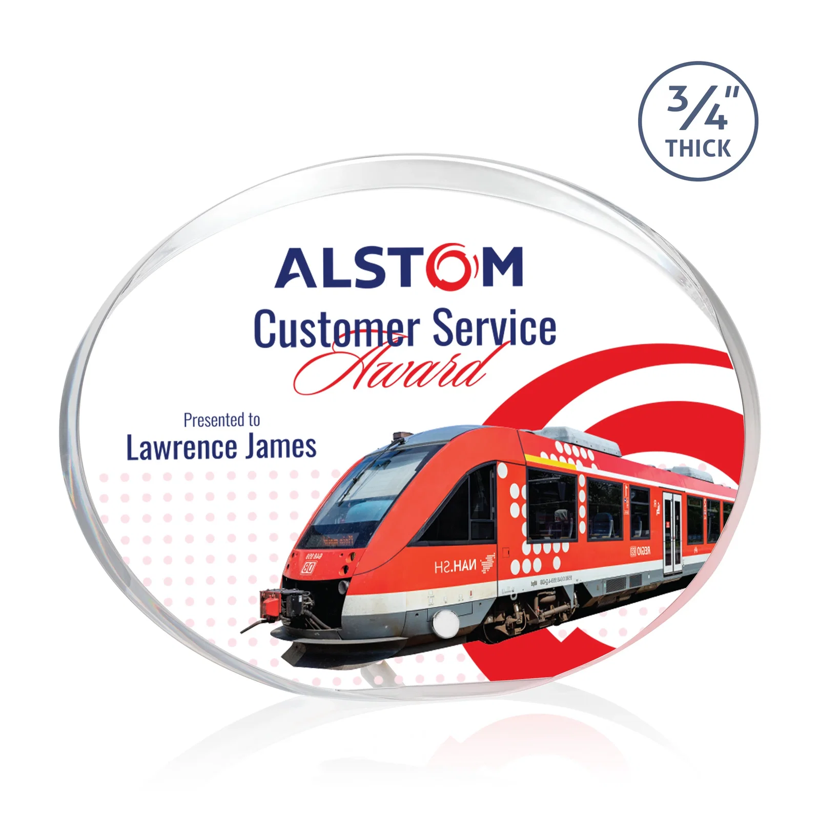 Personalized Oval Acrylic Award with Beveled Top Half and Metal Pin for sales achievement awards