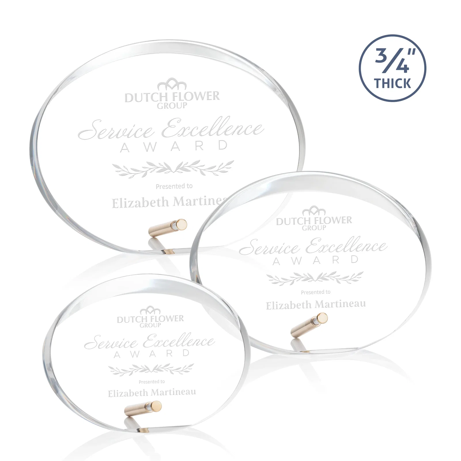 Custom Oval Acrylic Award with Beveled Top Half and Metal Pin for retirement presentations