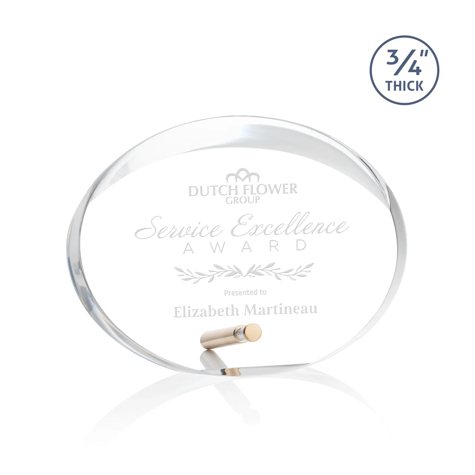 Custom Oval Acrylic Award with Beveled Top Half and Metal Pin for team milestone celebrations