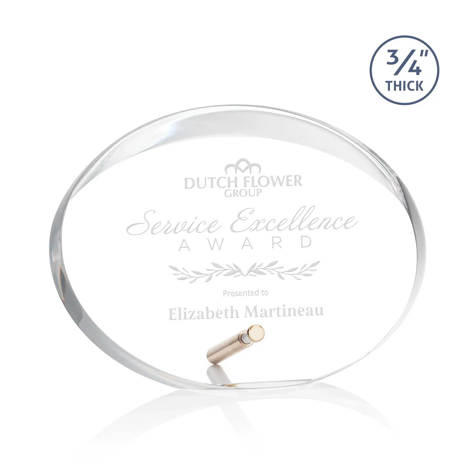 Custom Oval Acrylic Award with Beveled Top Half and Metal Pin for donor appreciation