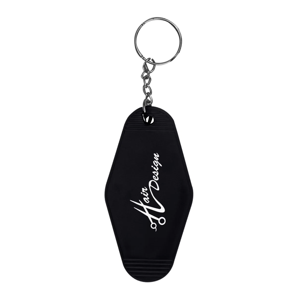 Black plastic tag with a split metal ring attached
