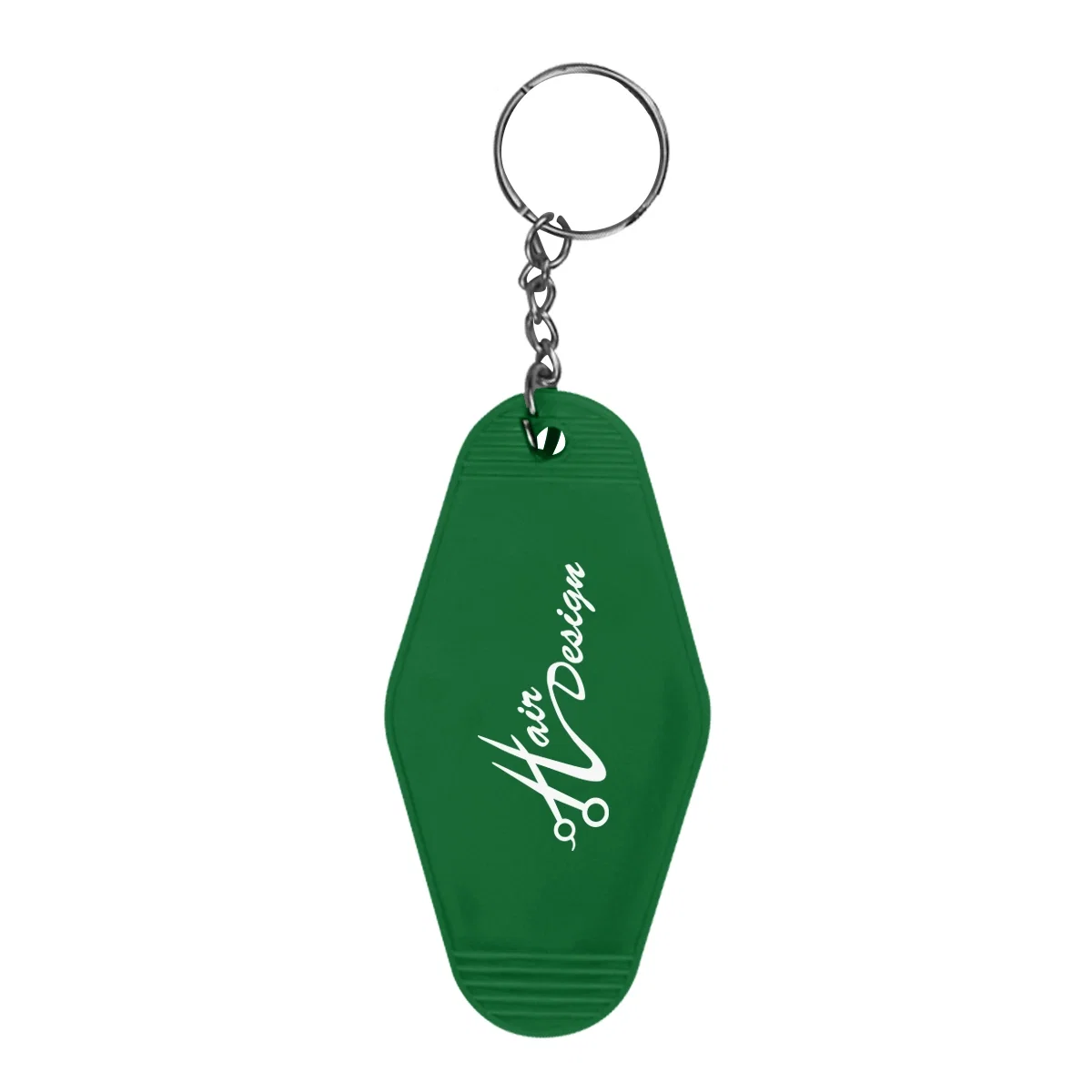 Green fob shown flat to display the printable face