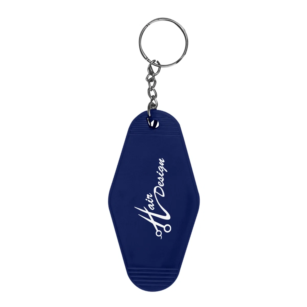 Navy tag angled to reveal its rounded corners