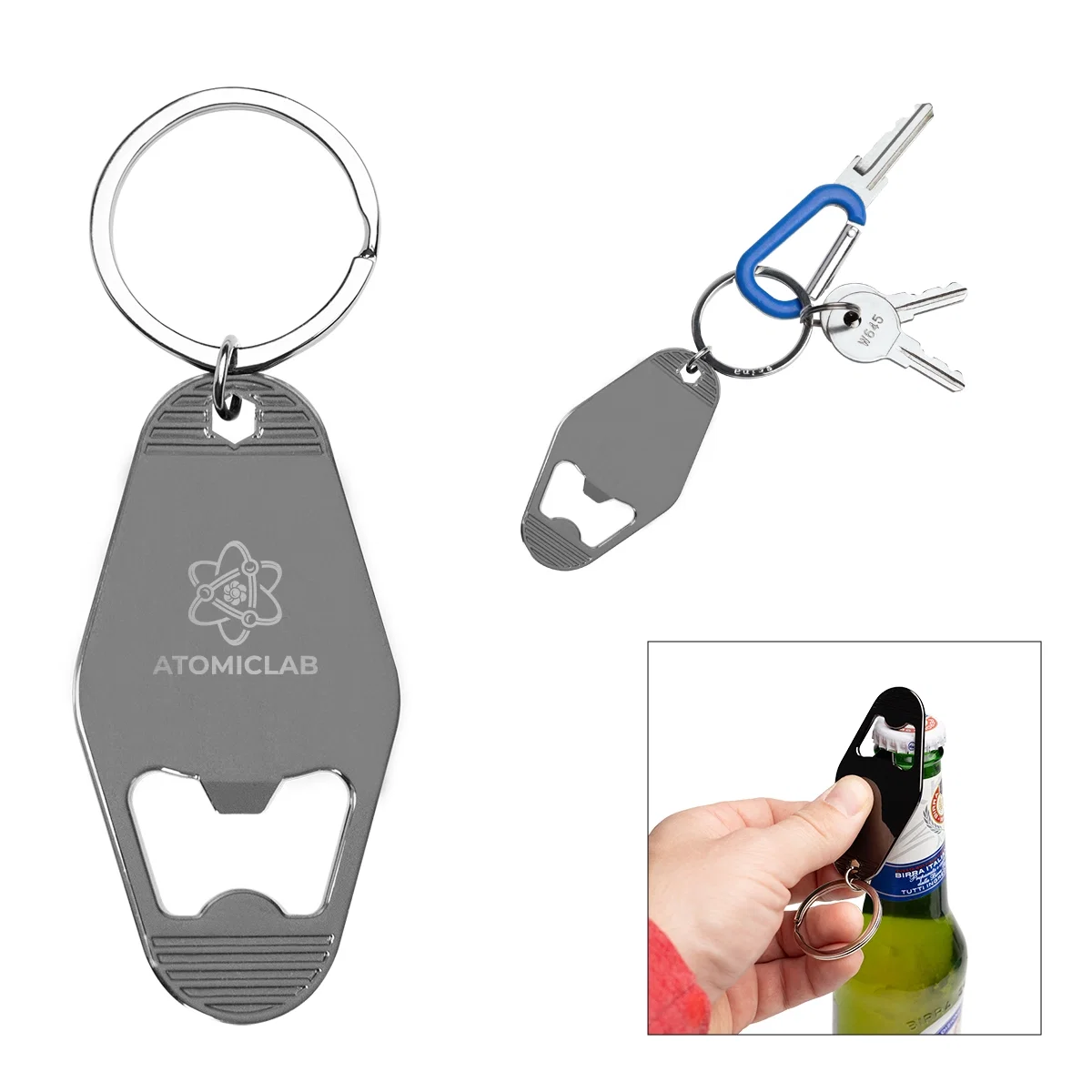 Gunmetal key tag shaped like a classic motel fob