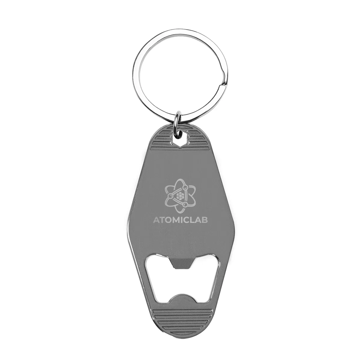 Tag hanging from a keyring at three inches long