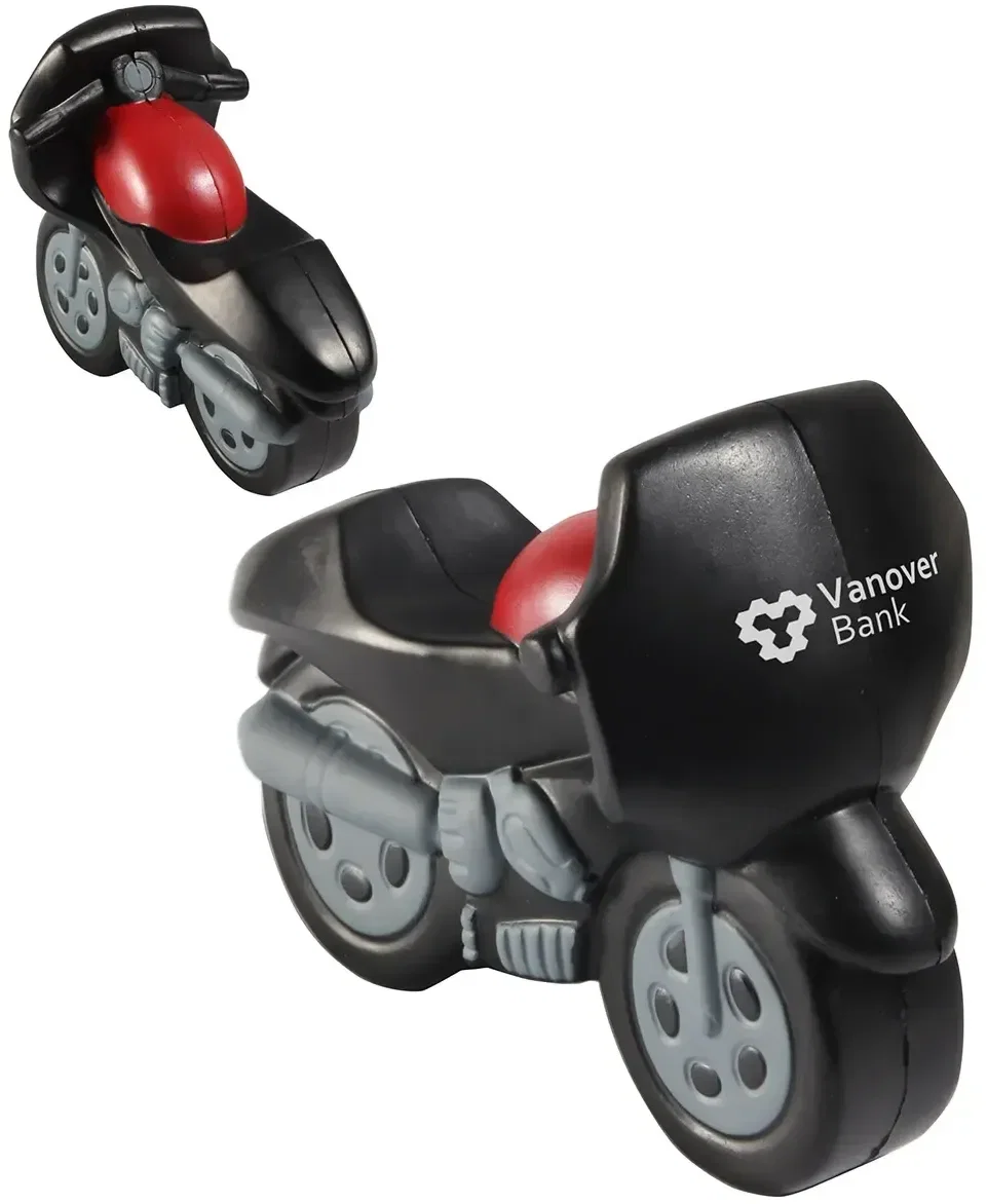 Custom Motorcycle Stress Reliever, promotional foam squeeze toy shaped like a motorcycle for branded logo gifts