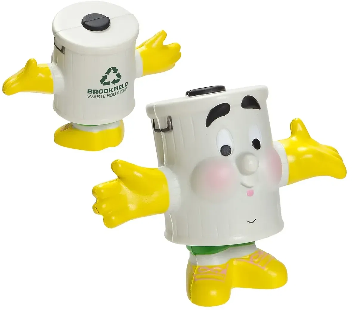 Mr Recycle Stress Reliever, custom recycling-mascot foam squeeze toy for branded green logo giveaways