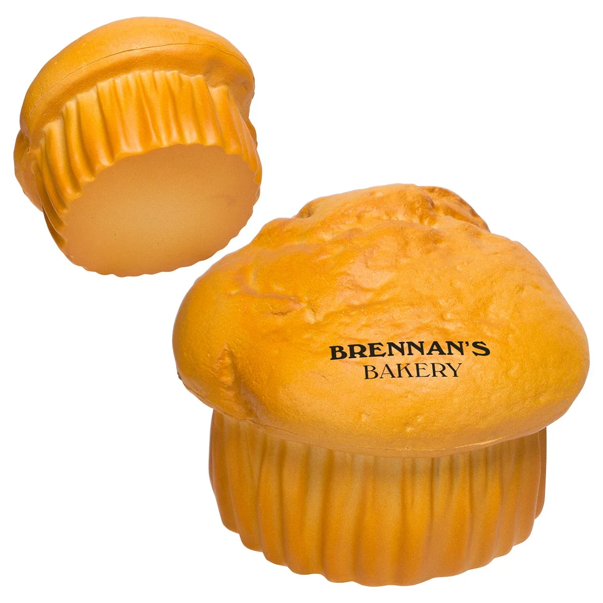 Muffin shaped stress reliever with a round pad-printed bottom imprint