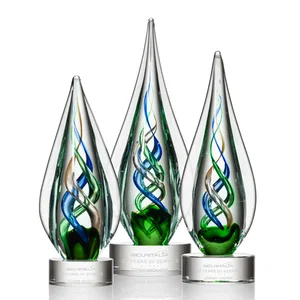 Sapphire Emerald and Bronze Swirl Glass Award on Clear Crystal Base