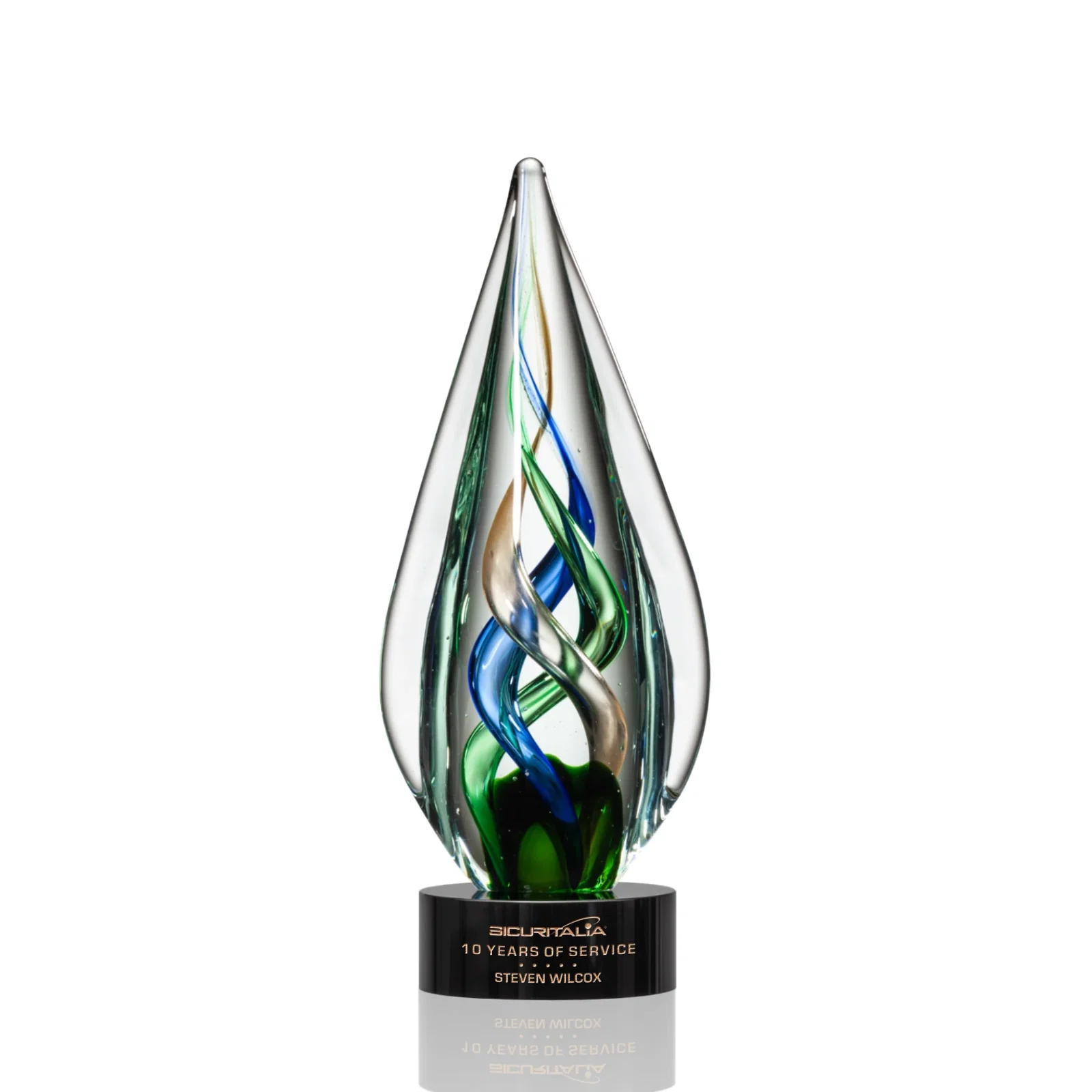 Custom Sapphire Emerald and Bronze Swirl Glass Award on Clear Crystal Base for volunteer appreciation