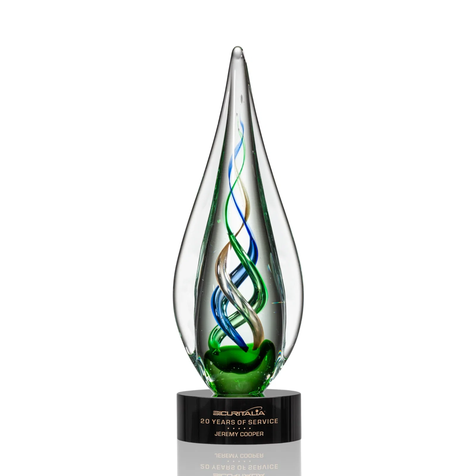 Custom Sapphire Emerald and Bronze Swirl Glass Award on Clear Crystal Base for dealer and partner awards