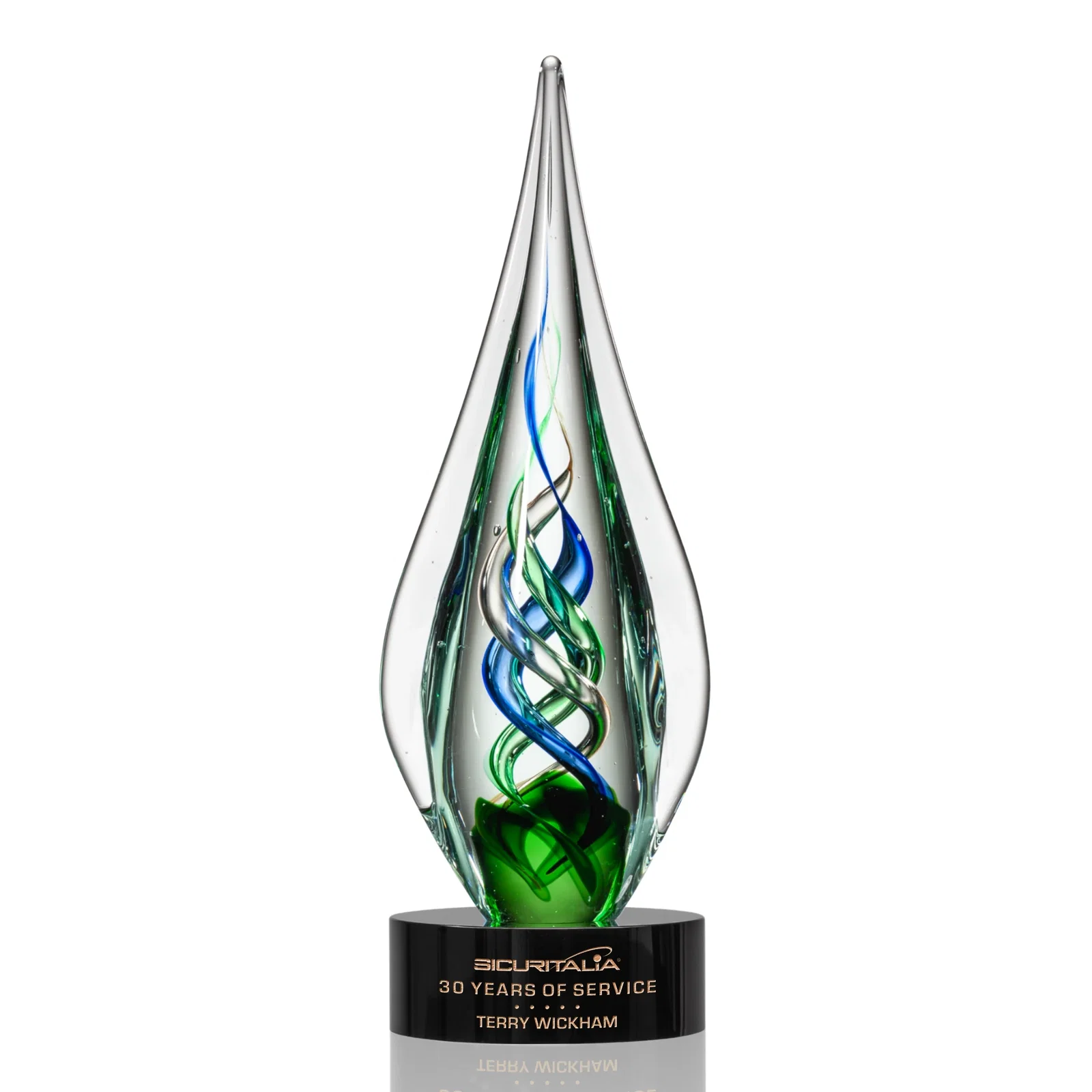Custom Sapphire Emerald and Bronze Swirl Glass Award on Clear Crystal Base for company anniversary events