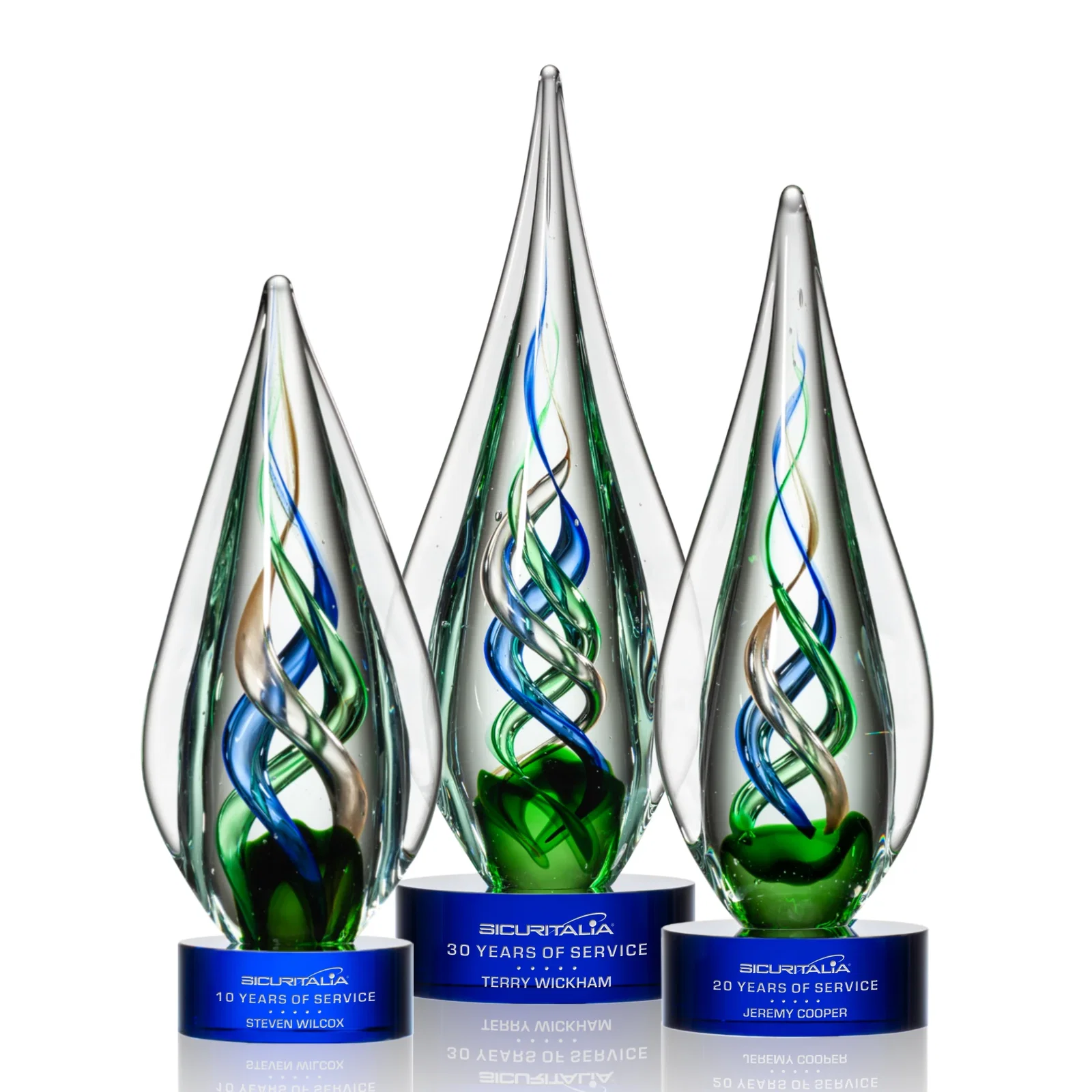 Personalized Sapphire Emerald and Bronze Swirl Glass Award on Clear Crystal Base for employee recognition