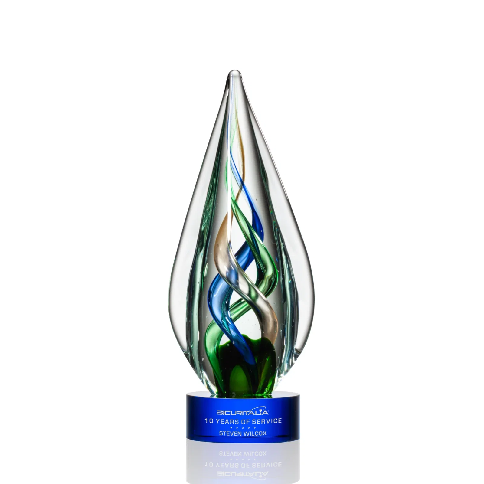 Personalized Sapphire Emerald and Bronze Swirl Glass Award on Clear Crystal Base for corporate award ceremonies
