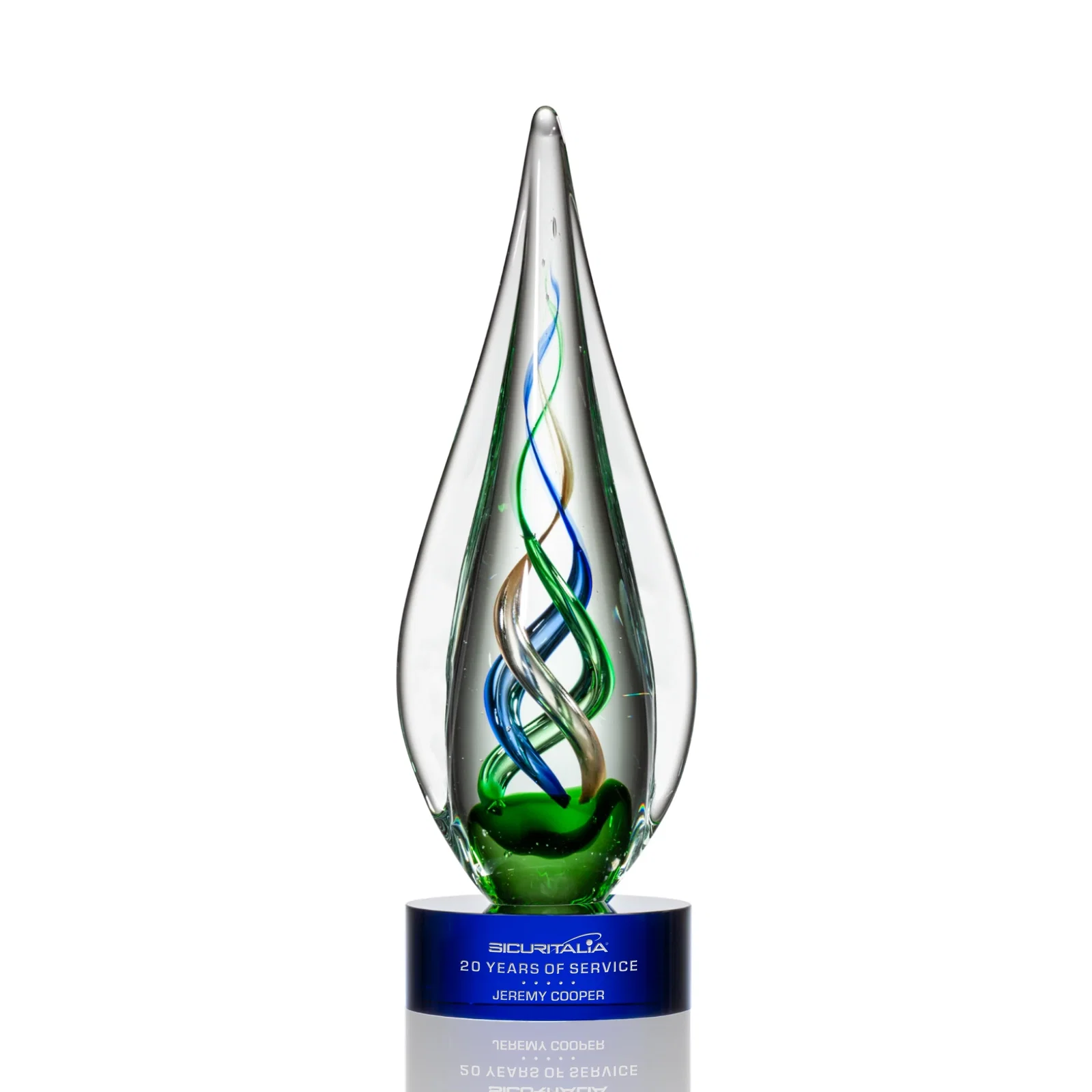Personalized Sapphire Emerald and Bronze Swirl Glass Award on Clear Crystal Base for service anniversary gifts