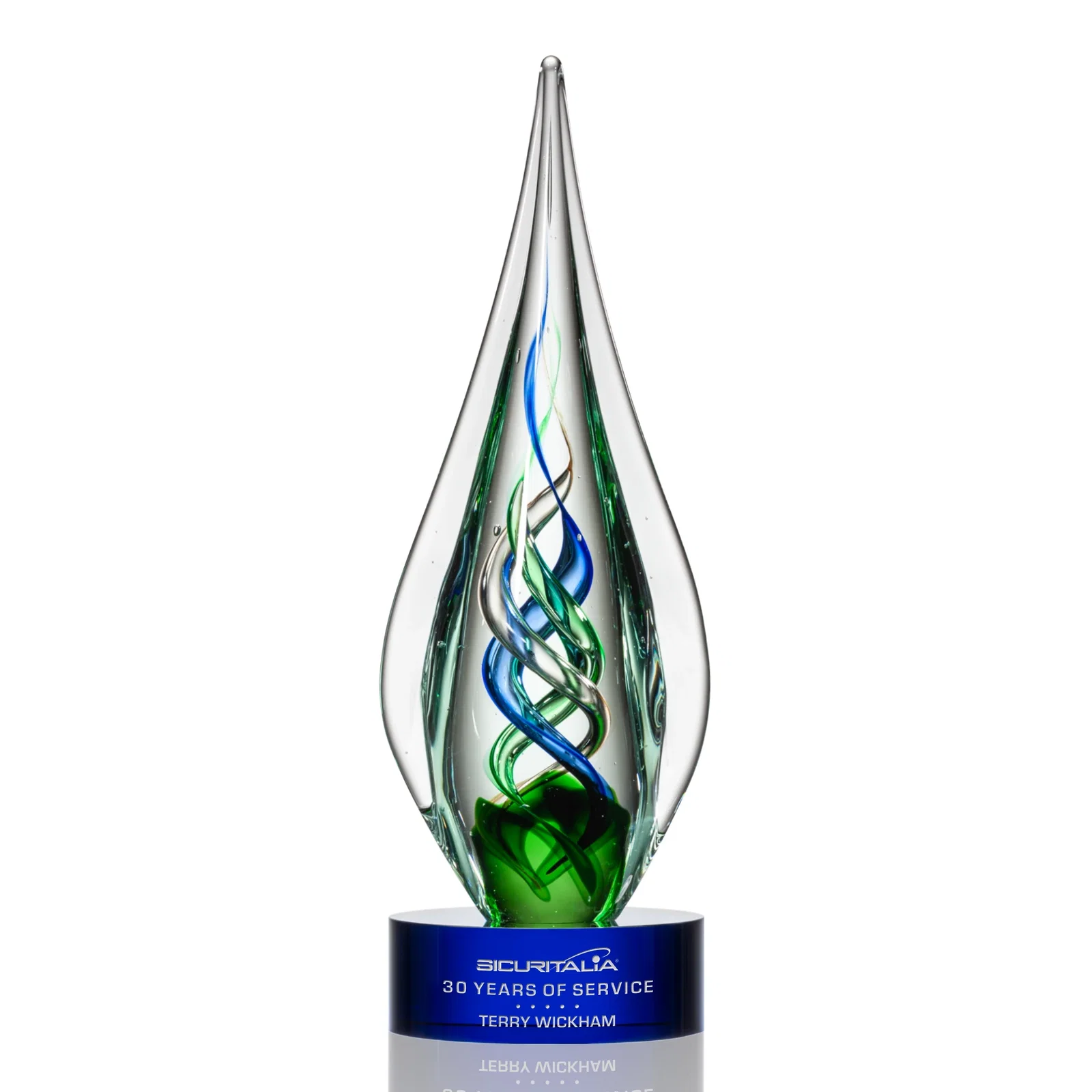 Personalized Sapphire Emerald and Bronze Swirl Glass Award on Clear Crystal Base for sales achievement awards