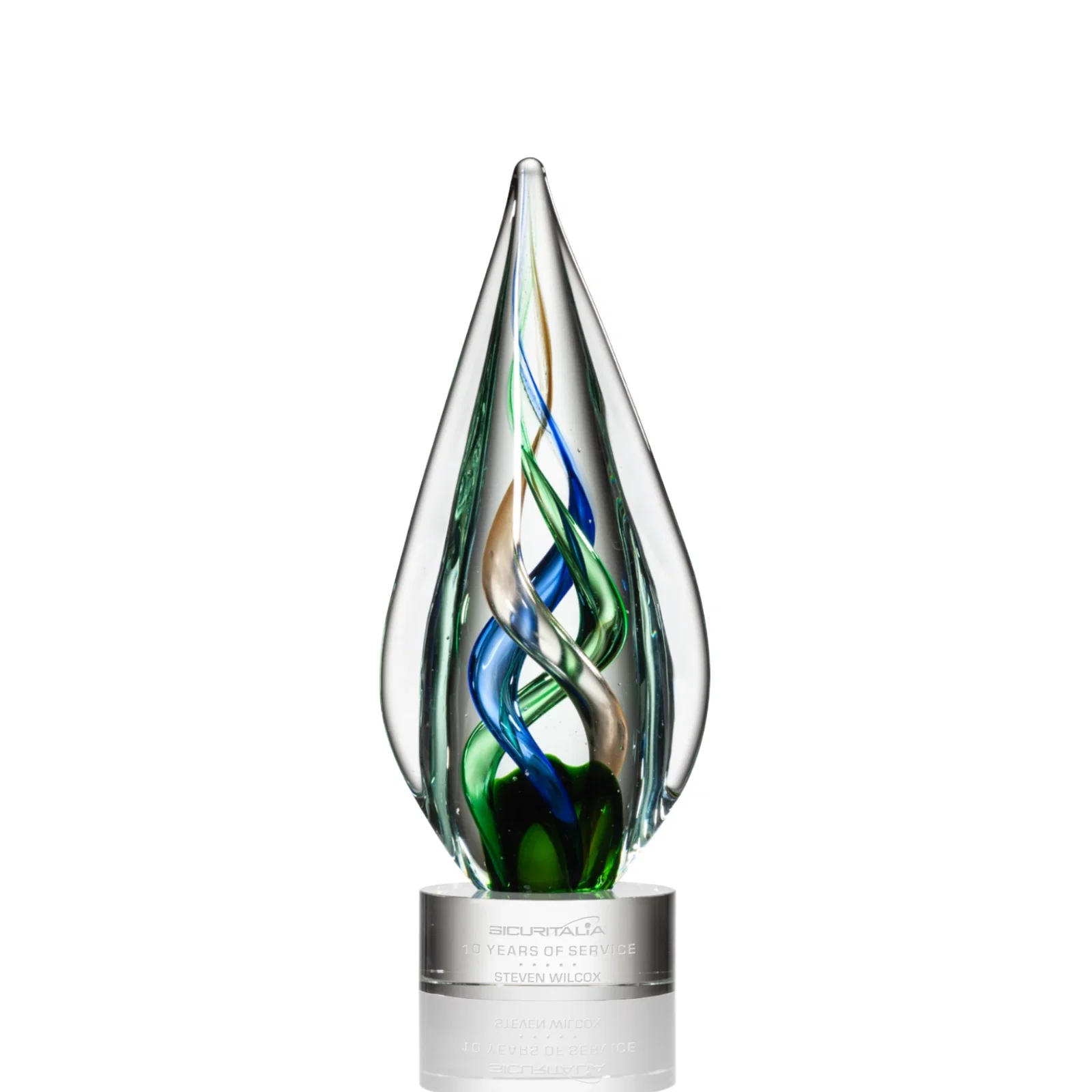 Custom Sapphire Emerald and Bronze Swirl Glass Award on Clear Crystal Base for corporate award ceremonies