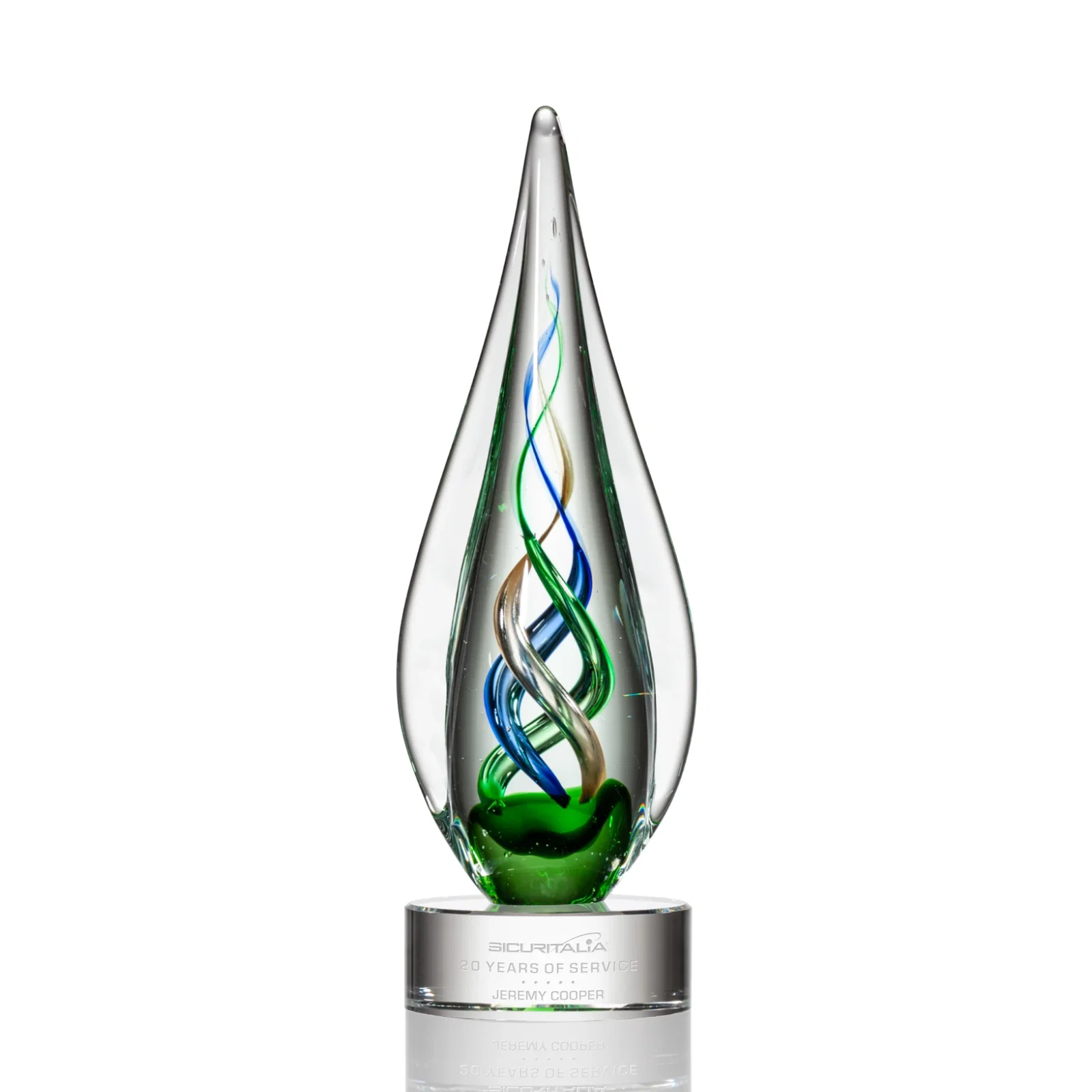 Custom Sapphire Emerald and Bronze Swirl Glass Award on Clear Crystal Base for service anniversary gifts