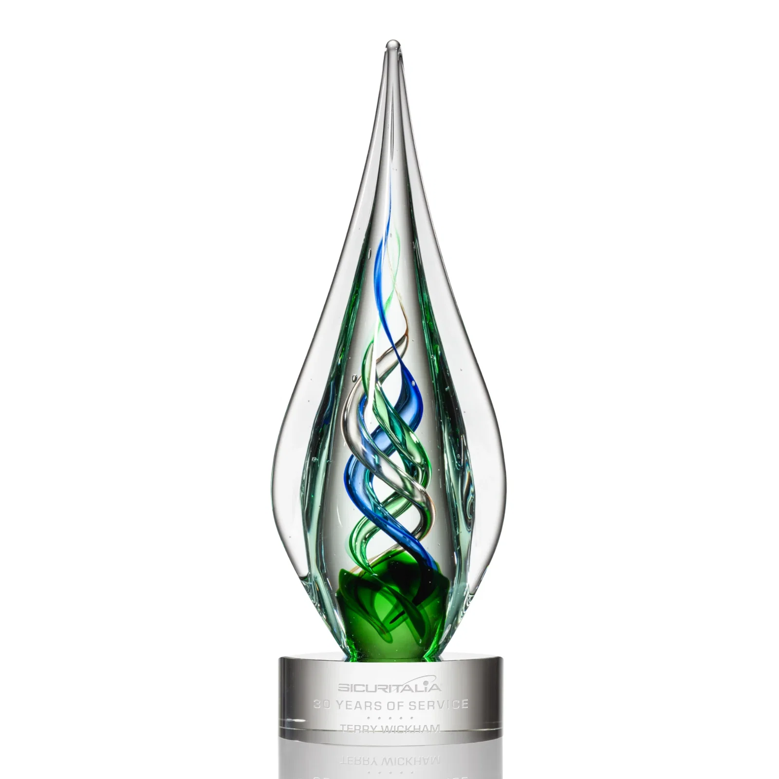 Custom Sapphire Emerald and Bronze Swirl Glass Award on Clear Crystal Base for sales achievement awards