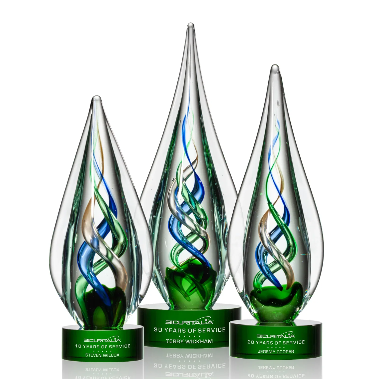 Custom Sapphire Emerald and Bronze Swirl Glass Award on Clear Crystal Base for retirement presentations