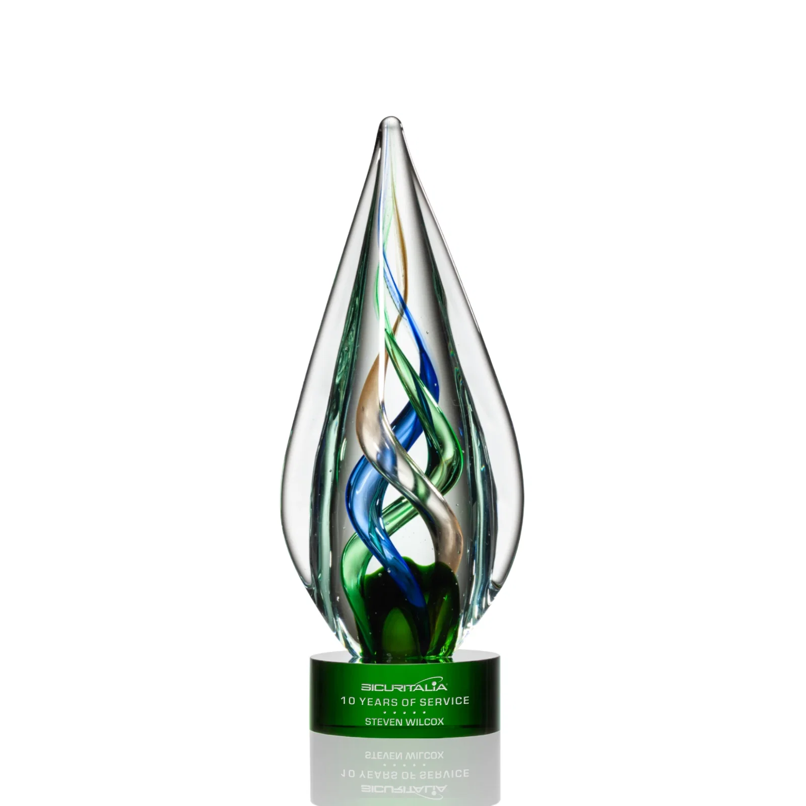 Custom Sapphire Emerald and Bronze Swirl Glass Award on Clear Crystal Base for team milestone celebrations