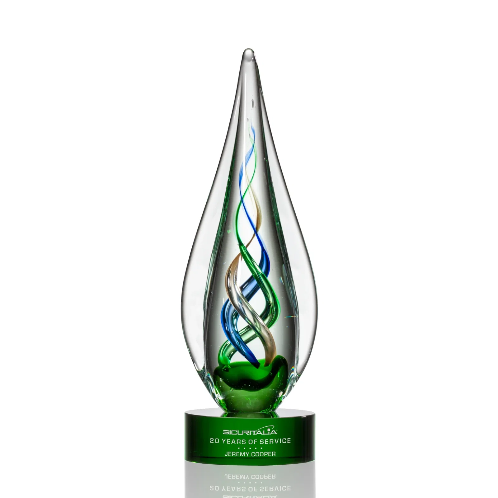 Custom Sapphire Emerald and Bronze Swirl Glass Award on Clear Crystal Base for donor appreciation