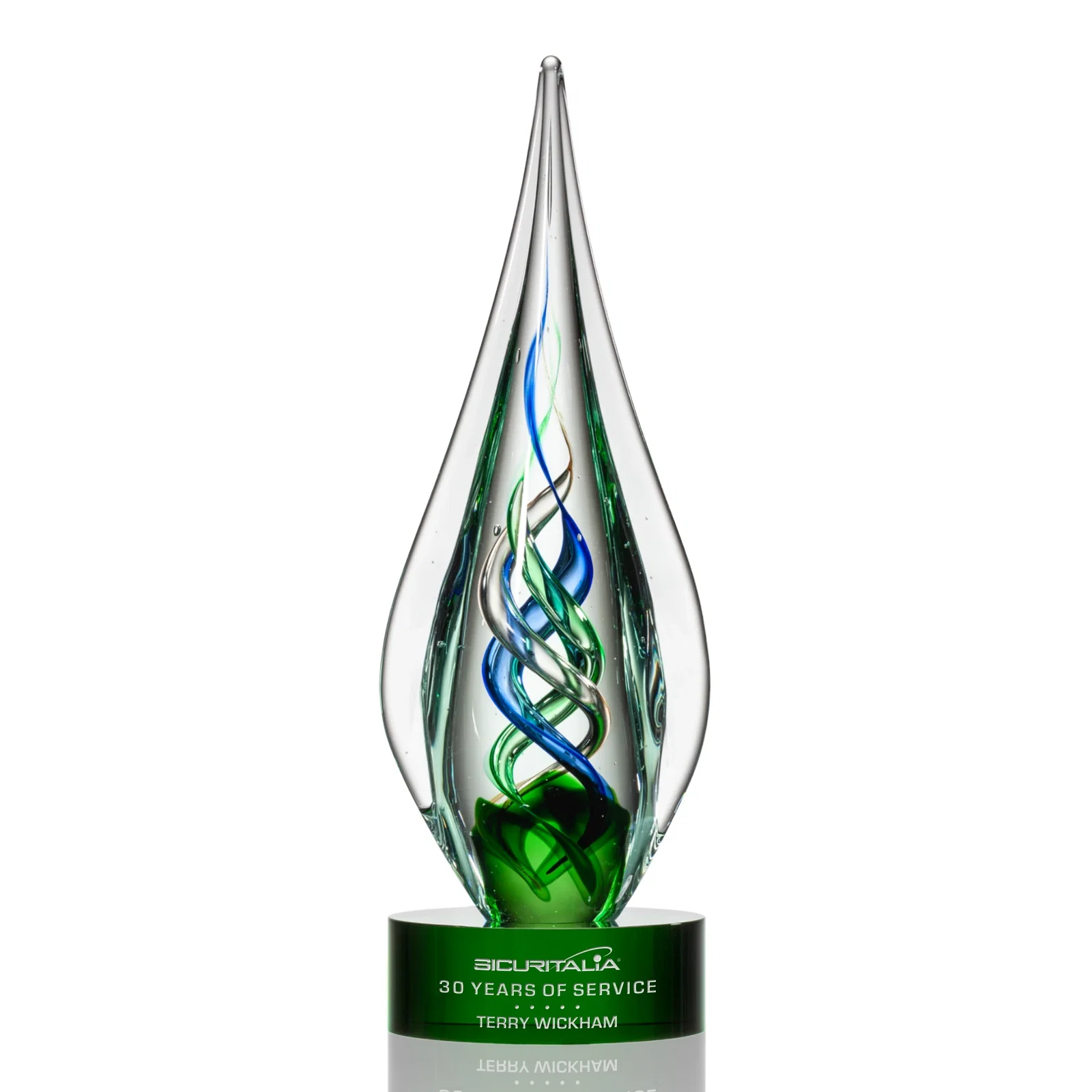 Custom Sapphire Emerald and Bronze Swirl Glass Award on Clear Crystal Base for graduation ceremonies