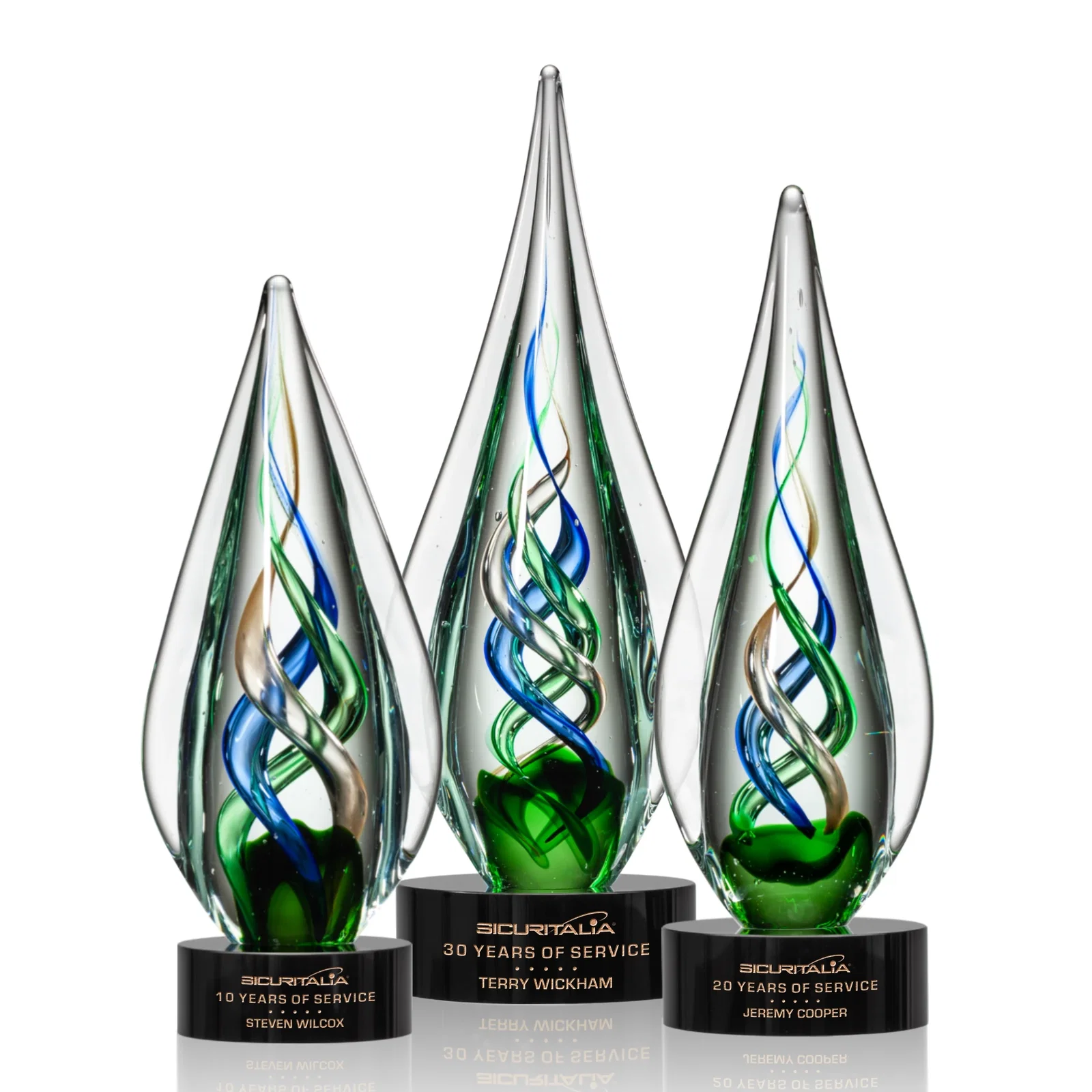 Custom Sapphire Emerald and Bronze Swirl Glass Award on Clear Crystal Base for safety achievement programs