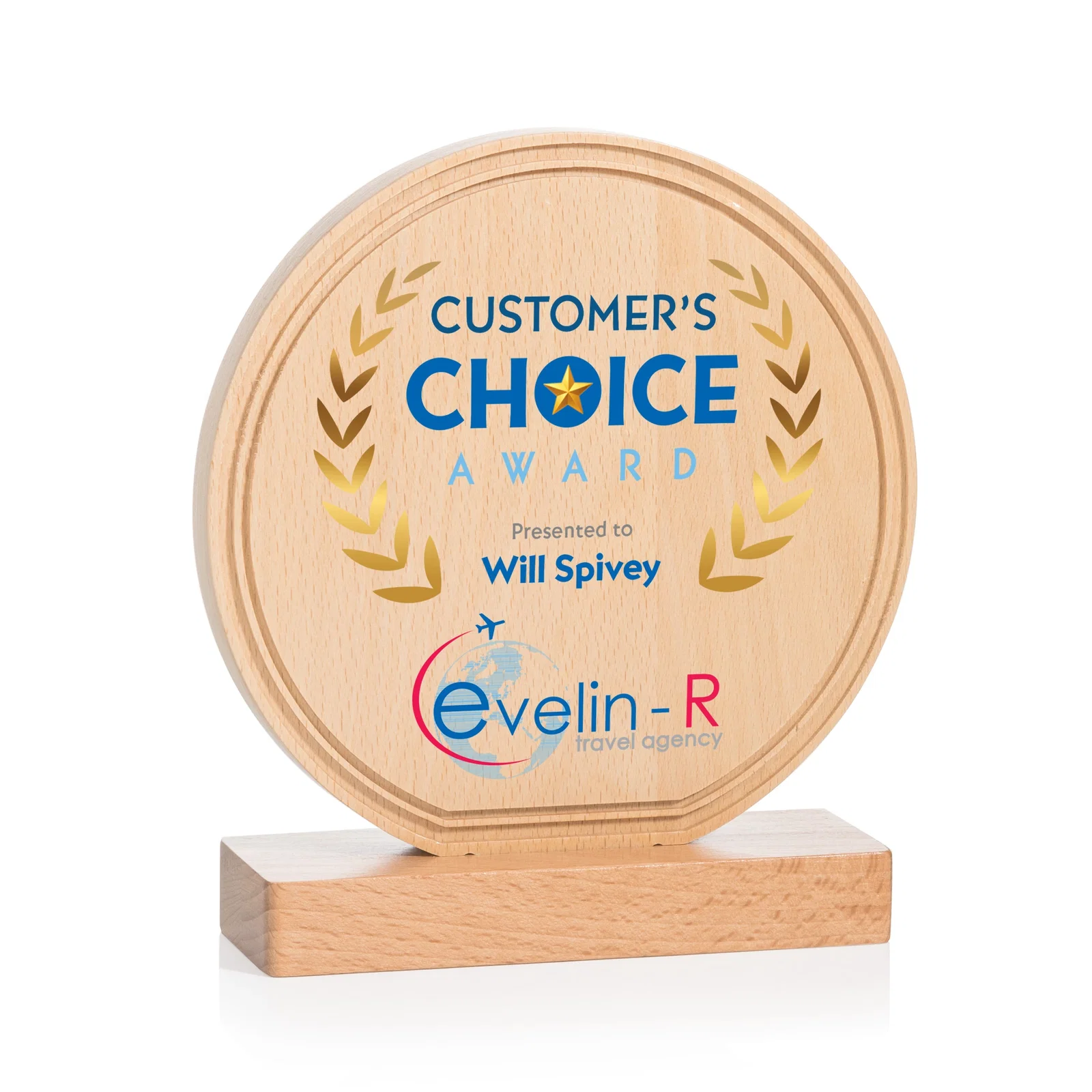 Custom Beechwood Circle Award with Lined Groove Edge for dealer and partner awards